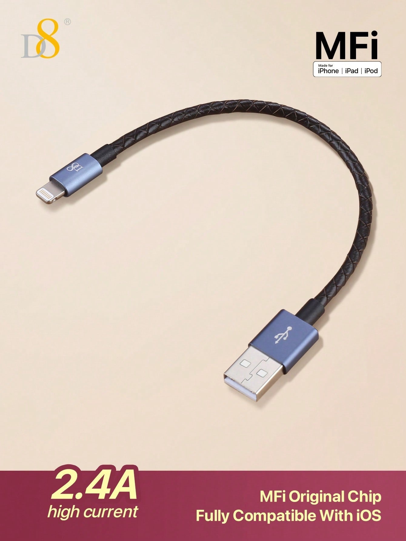 🔌 D8 천연가죽 아이폰 충전 케이블 (USB A to Lightning / MFi 인증 / 숏타입)