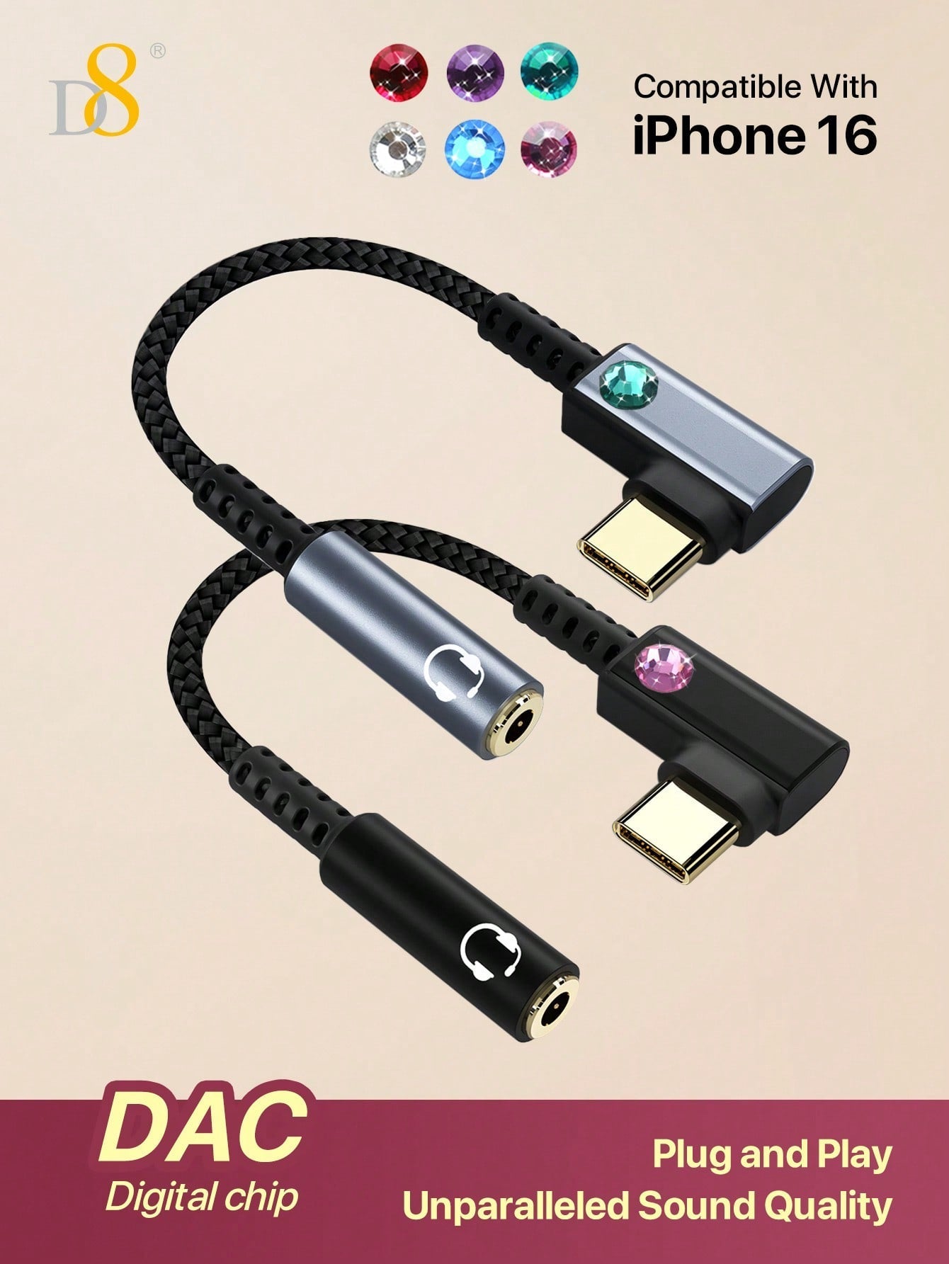 D8 USB C to 3.5mm 이어폰 젠더 어댑터 아이폰 16 Pro Max/15 Pro/15, 갤럭시 S24/S23/S22 울트라, 아이패드 Pro, 픽셀 9/8 호환
