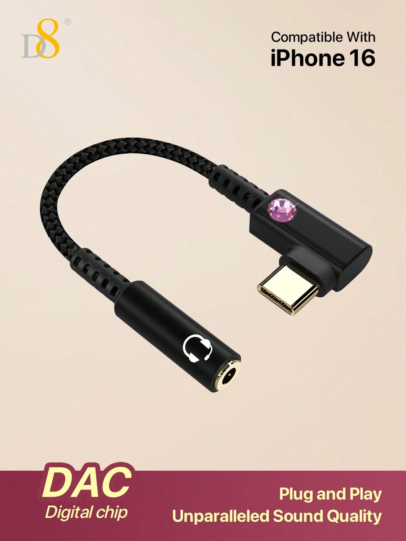D8 USB C to 3.5mm 이어폰 젠더 어댑터 아이폰 16 Pro Max/15 Pro/15, 갤럭시 S24/S23/S22 울트라, 아이패드 Pro, 픽셀 9/8 호환