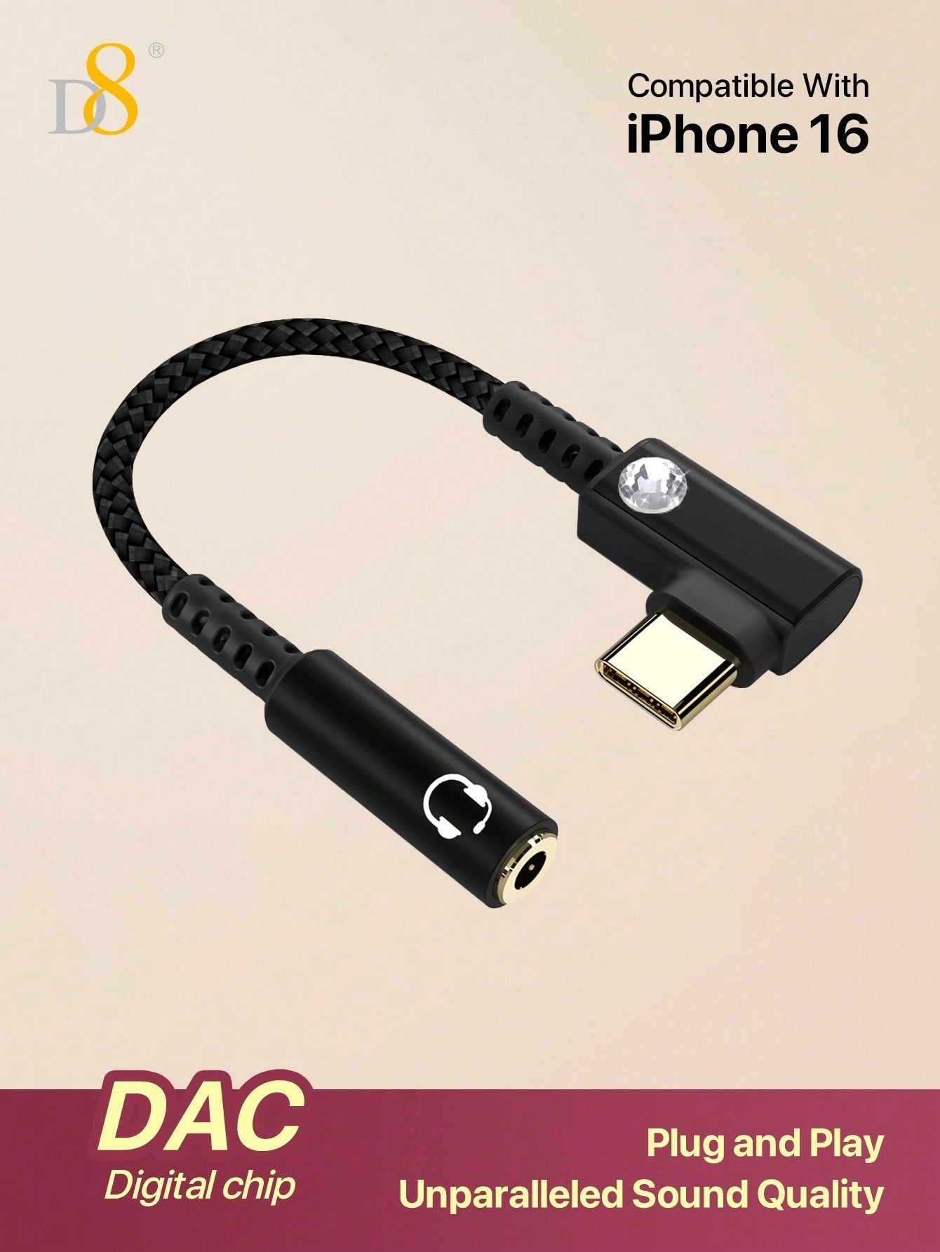 D8 USB C to 3.5mm 이어폰 젠더 어댑터 아이폰 16 Pro Max/15 Pro/15, 갤럭시 S24/S23/S22 울트라, 아이패드 Pro, 픽셀 9/8 호환