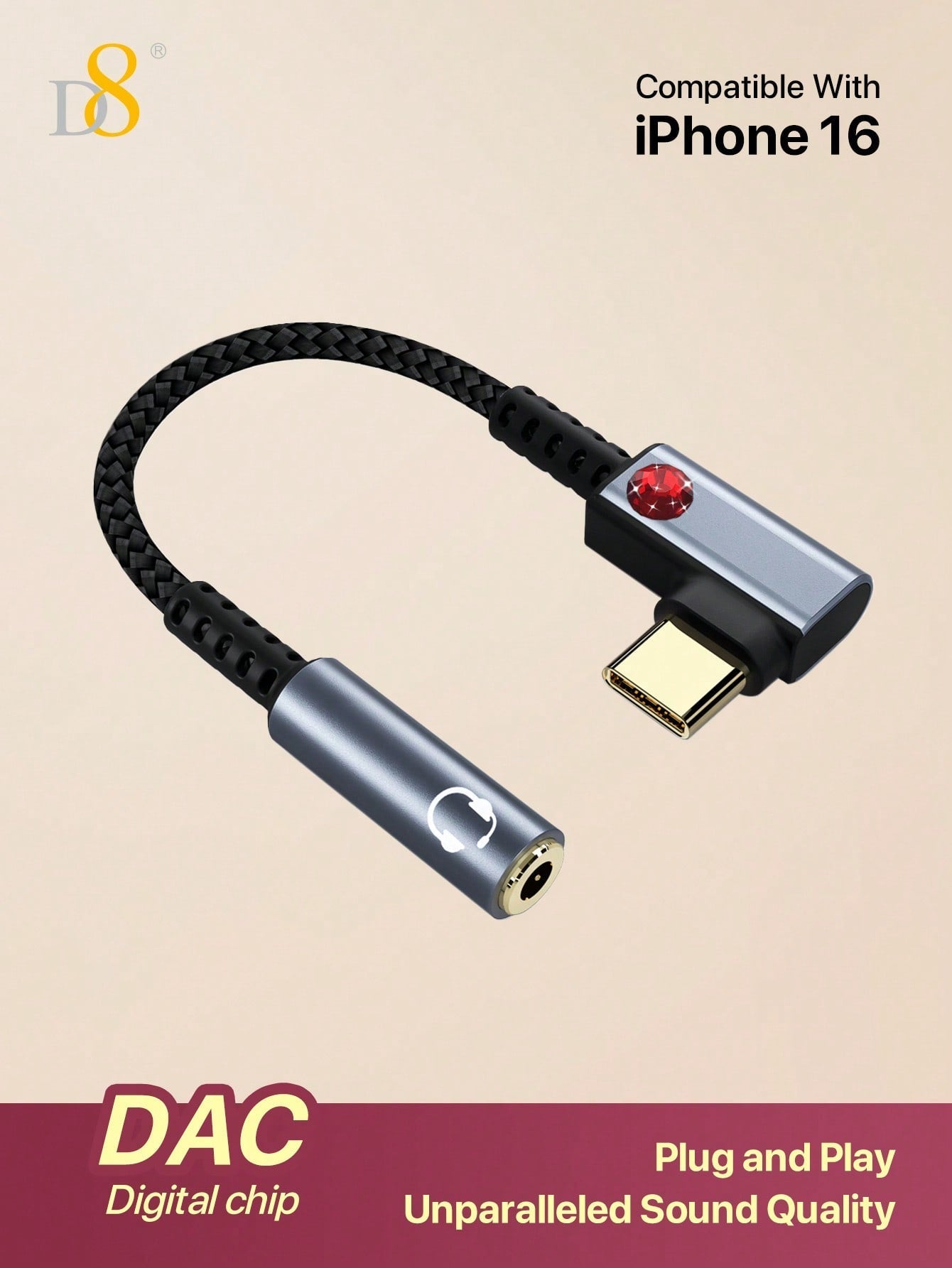 D8 USB C to 3.5mm 이어폰 젠더 어댑터 아이폰 16 Pro Max/15 Pro/15, 갤럭시 S24/S23/S22 울트라, 아이패드 Pro, 픽셀 9/8 호환
