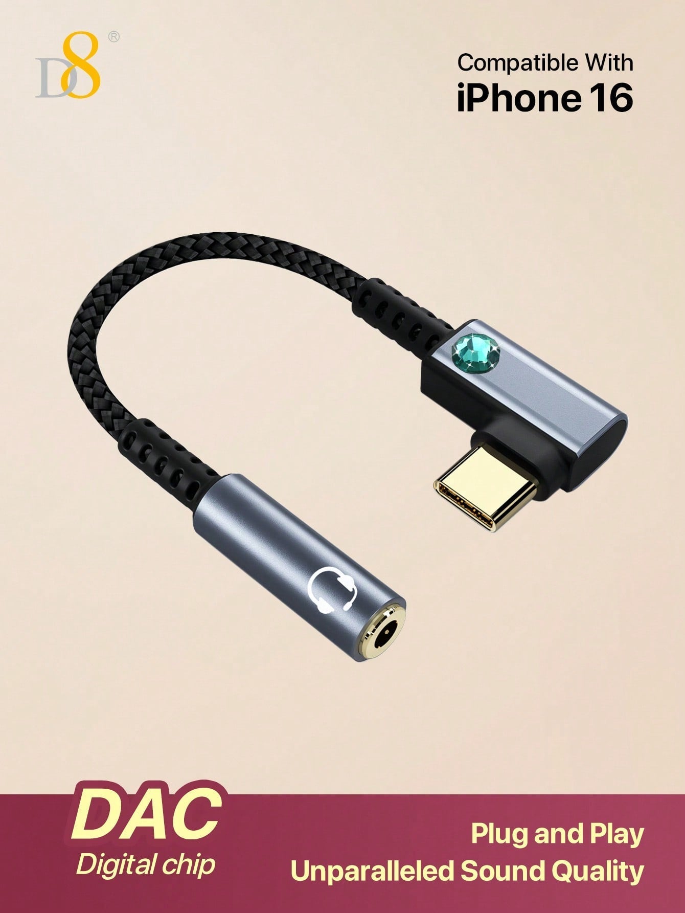 D8 USB C to 3.5mm 이어폰 젠더 어댑터 아이폰 16 Pro Max/15 Pro/15, 갤럭시 S24/S23/S22 울트라, 아이패드 Pro, 픽셀 9/8 호환