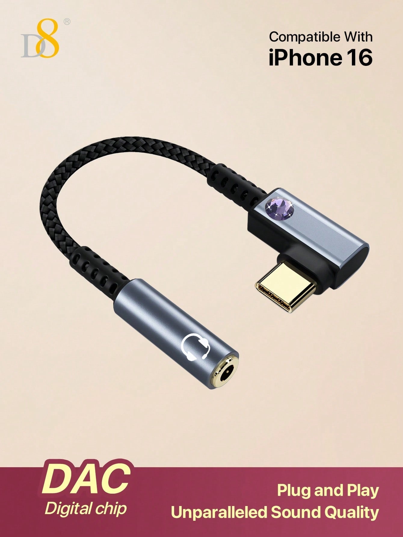 D8 USB C to 3.5mm 이어폰 젠더 어댑터 아이폰 16 Pro Max/15 Pro/15, 갤럭시 S24/S23/S22 울트라, 아이패드 Pro, 픽셀 9/8 호환