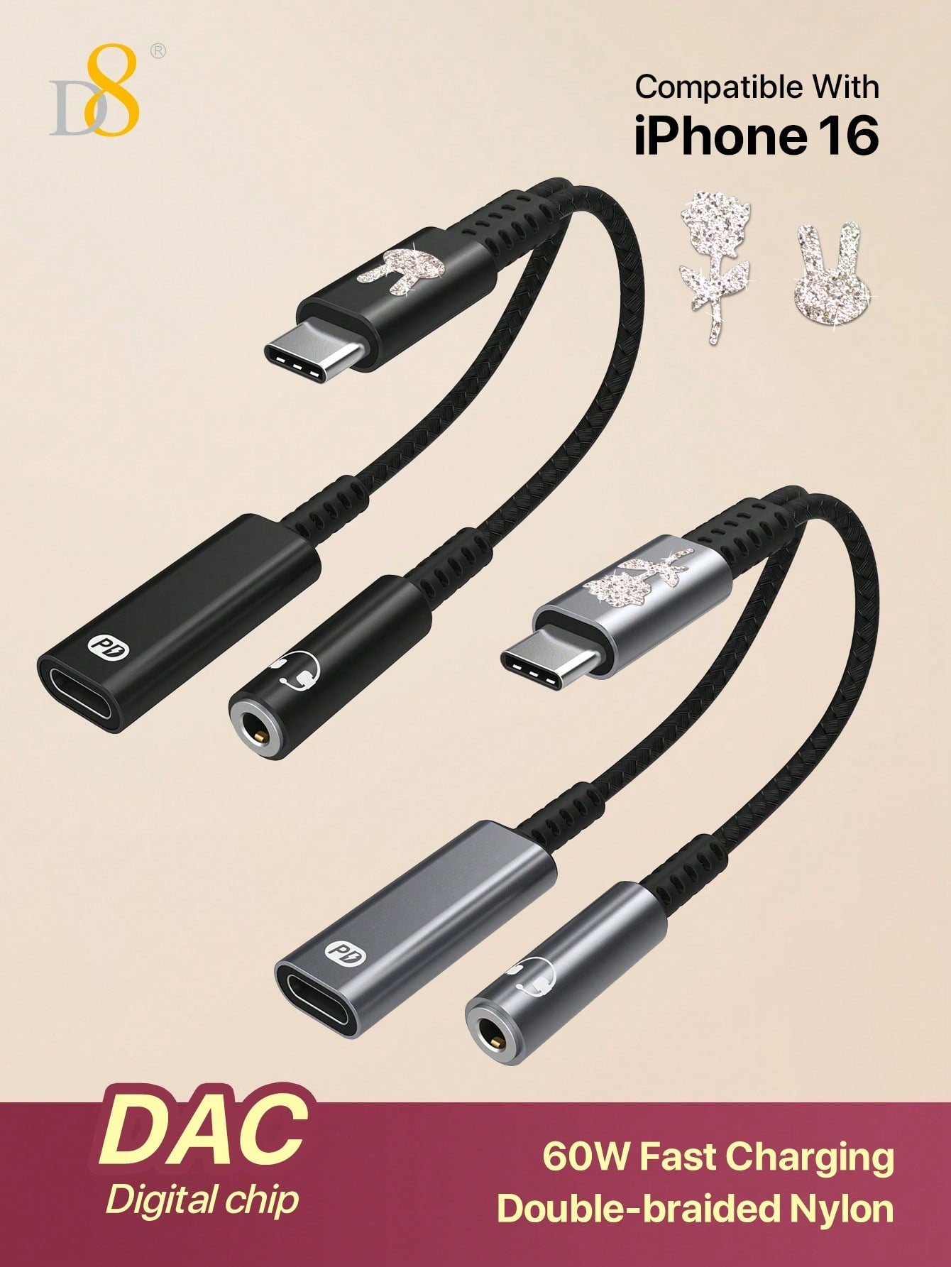 🎧🔋 D8 USB-C 2-in-1 오디오 & 충전 어댑터 PD 60W 고속충전 + 3.5mm 이어폰 단자 동시 지원 아이폰 16/15 시리즈, 아이패드, 삼성 갤럭시 등 완벽 호환