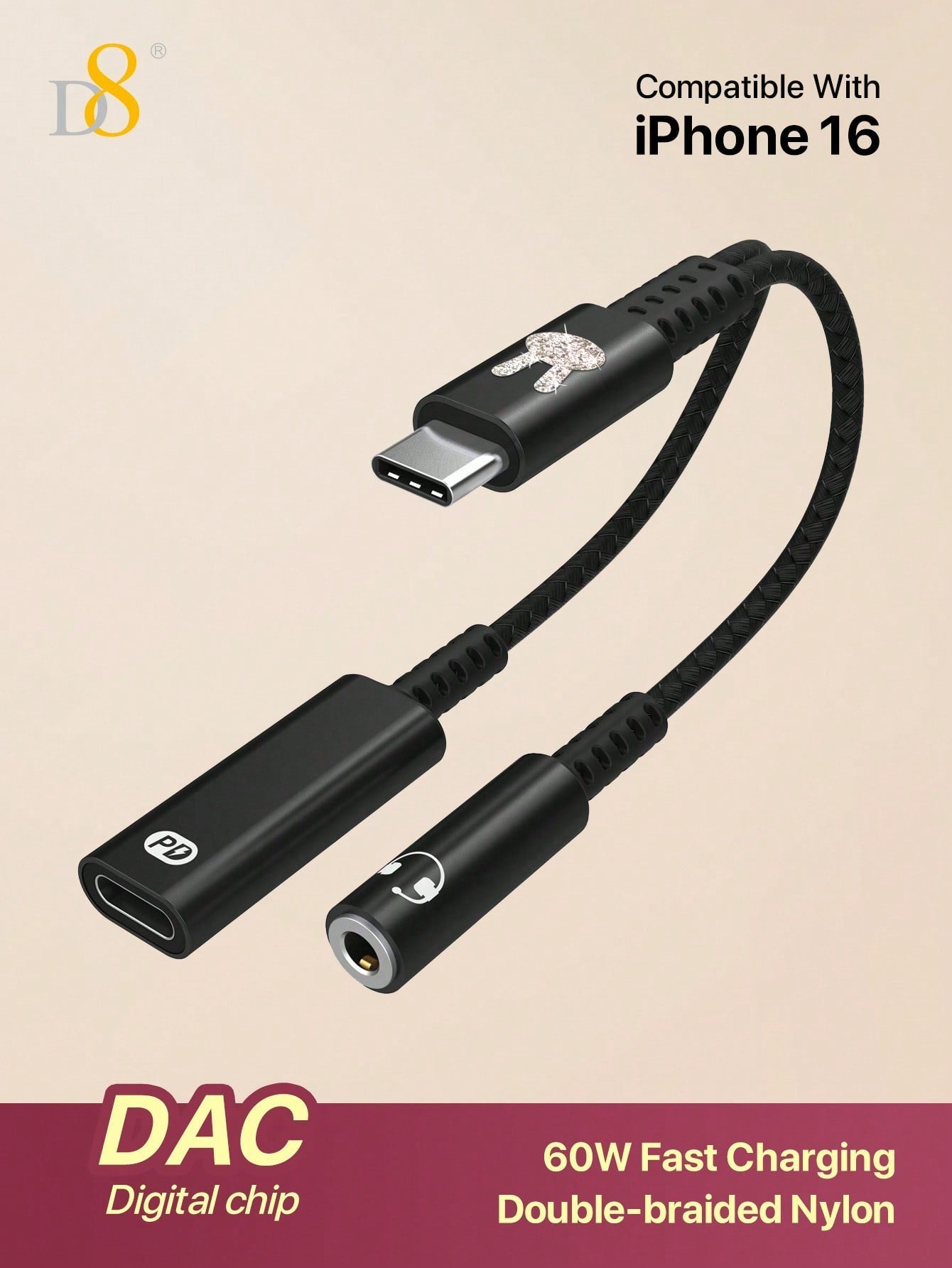 🎧🔋 D8 USB-C 2-in-1 오디오 & 충전 어댑터 PD 60W 고속충전 + 3.5mm 이어폰 단자 동시 지원 아이폰 16/15 시리즈, 아이패드, 삼성 갤럭시 등 완벽 호환