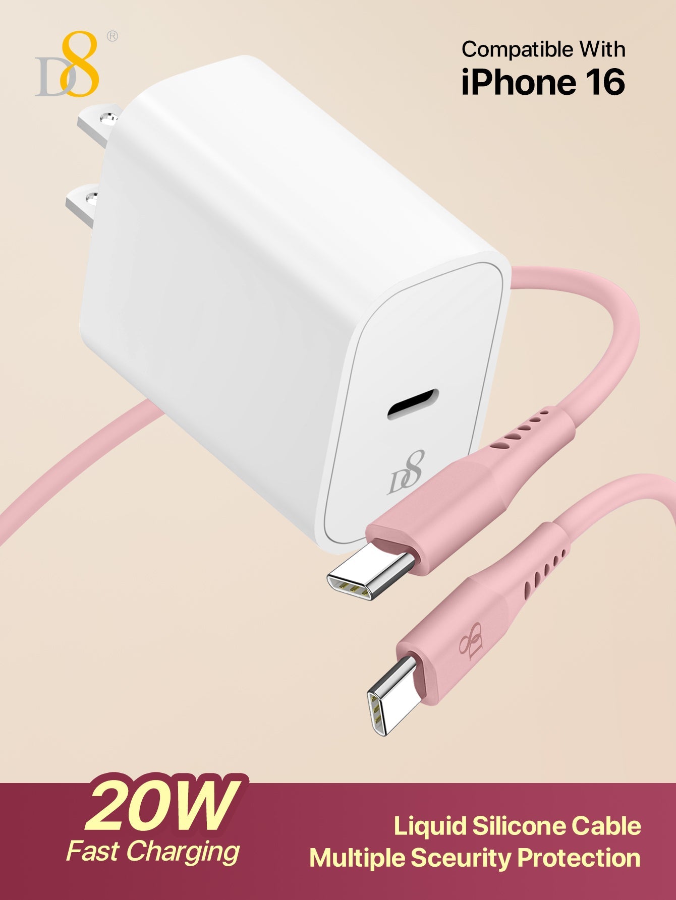 D8 PD 20W USB-C 고속 충전기 세트 아이폰 16/15 시리즈, 아이패드, 갤럭시 전용 | 20W 고속충전 | C to C 케이블 포함