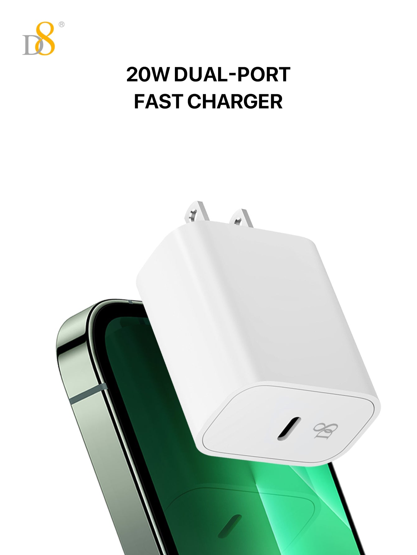 D8 PD 20W 초고속 USB-C 단일 포트 충전기 아이폰·안드로이드·아이패드 호환 | 미국형 플러그 | 초소형 고속충전기
