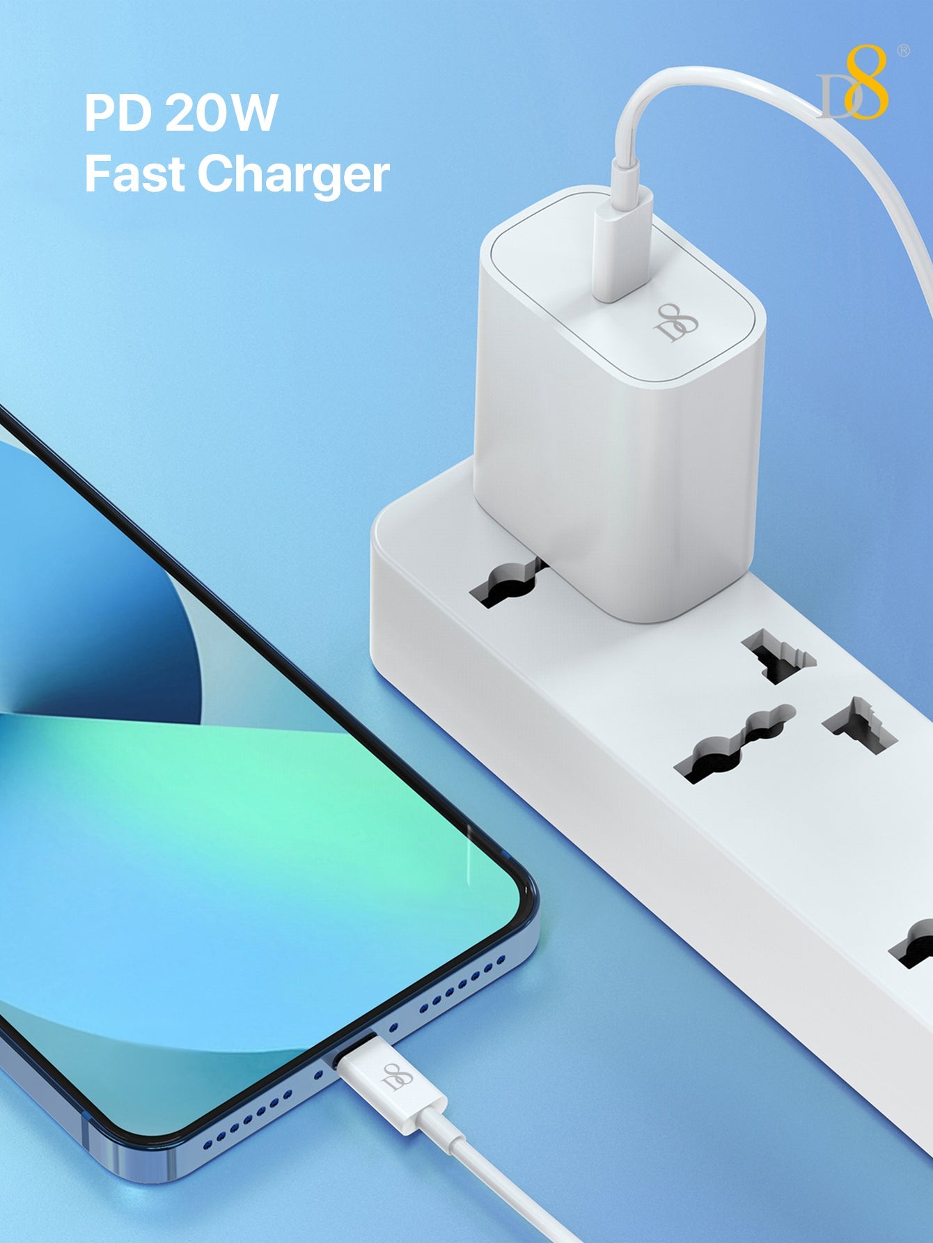 D8 PD 20W 초고속 USB-C 단일 포트 충전기 아이폰·안드로이드·아이패드 호환 | 미국형 플러그 | 초소형 고속충전기