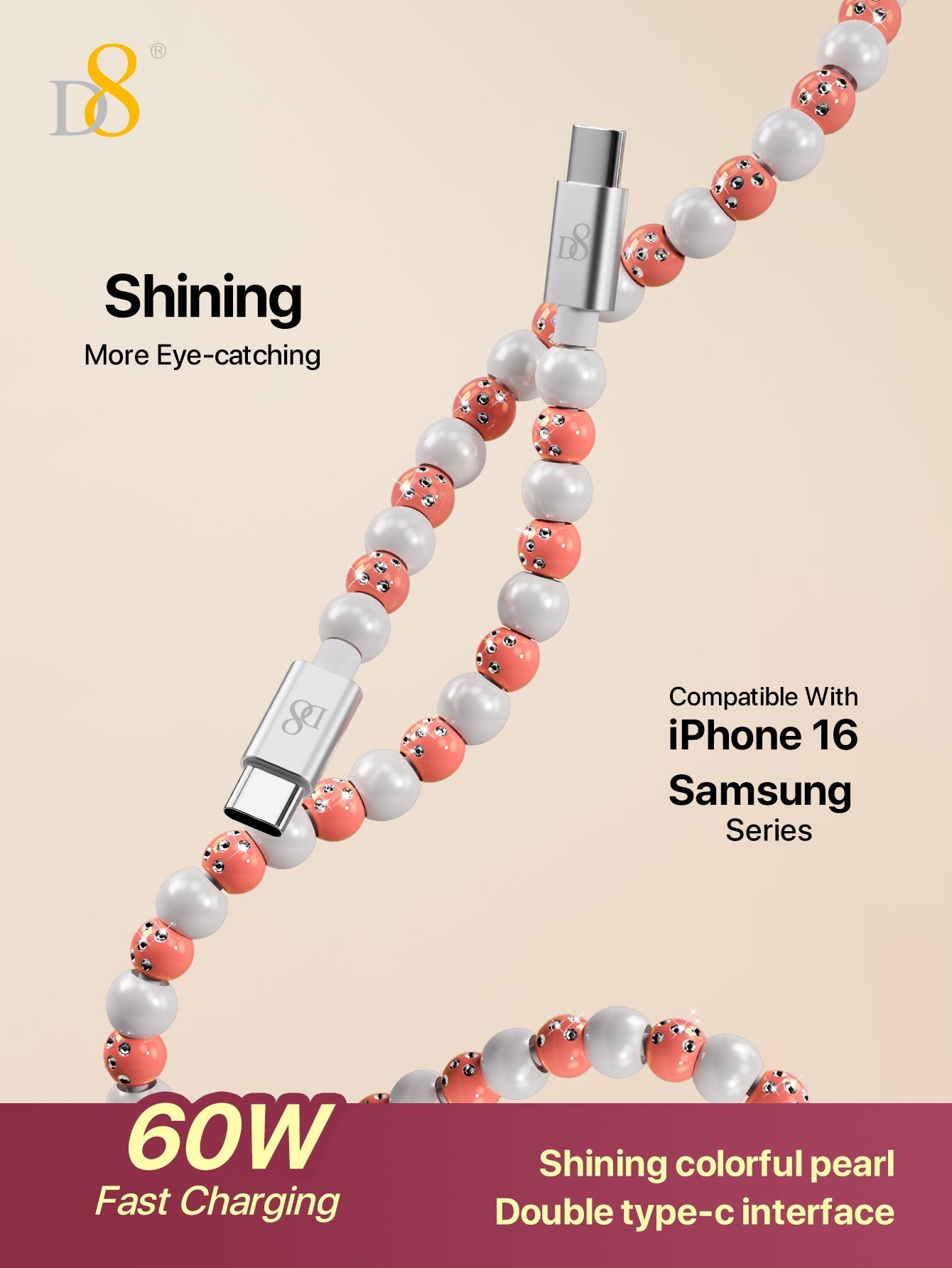 D8 USB-C to C 고속 충전 케이블 (PD 60W, 3.3ft) 아이폰 15 / 갤럭시 S22 / 아이패드 프로 / 맥북 대응 | 내구성 강화 브레이드 케이블