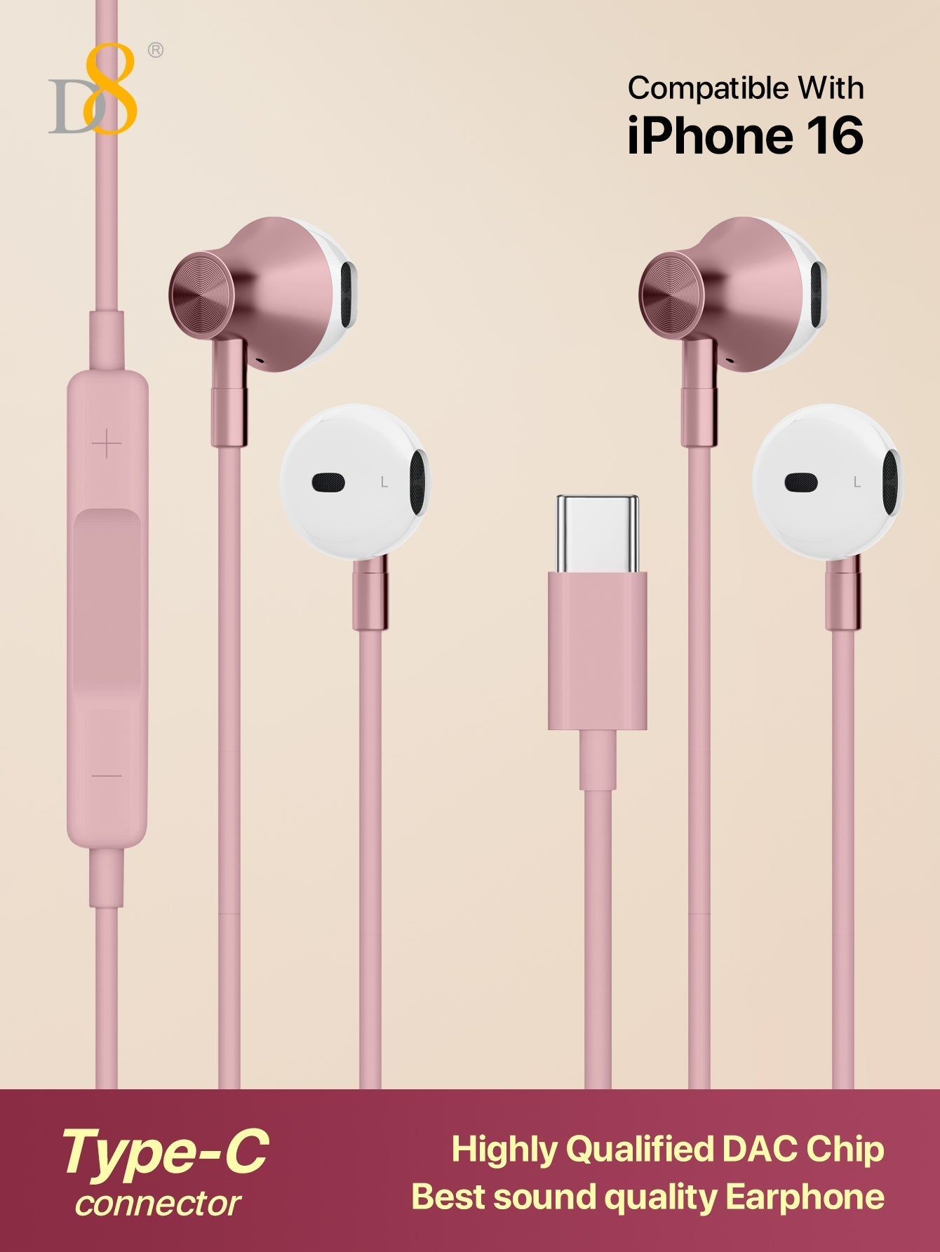 D8 USB-C 유선 이어폰 2개 세트 마이크 & 볼륨 조절 / iPhone 16 Pro·iPad·갤럭시 전용