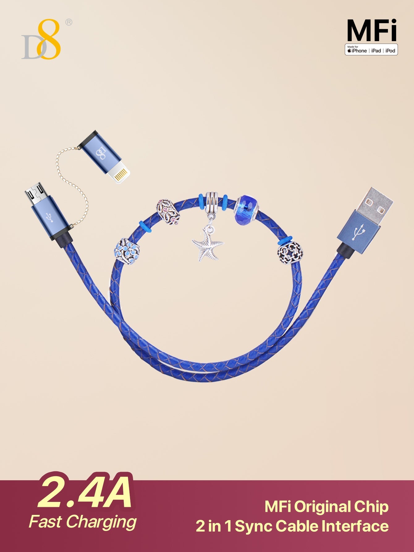 D8 핸드메이드 비즈 충전 케이블 MFi 인증 | 2-in-1 라이트닝 & 마이크로 USB | 수공예 감성 디자인