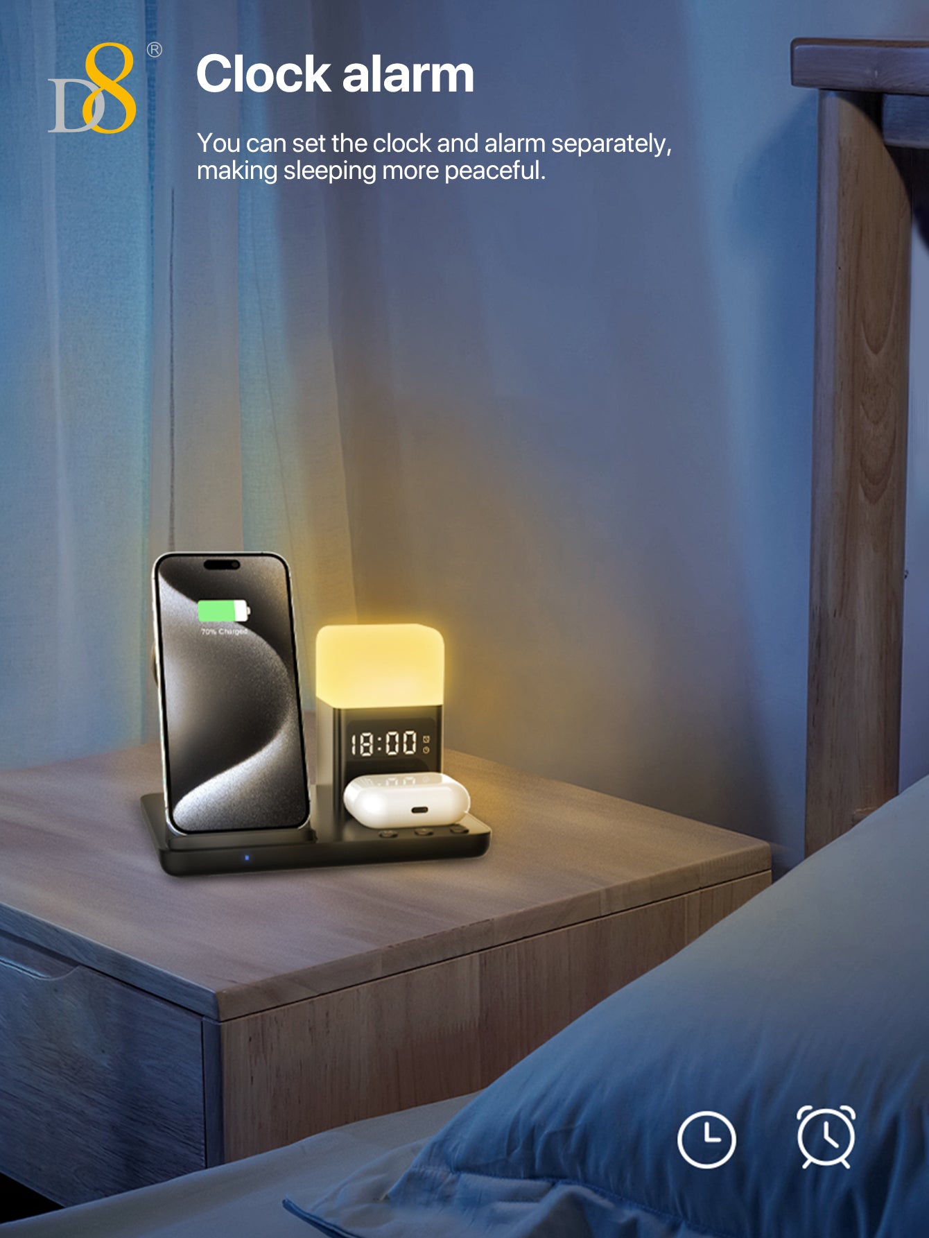 D8 3-in-1 무선 충전 스테이션 iPhone · Apple Watch · AirPods 동시 고속 충전 + LED 무드등