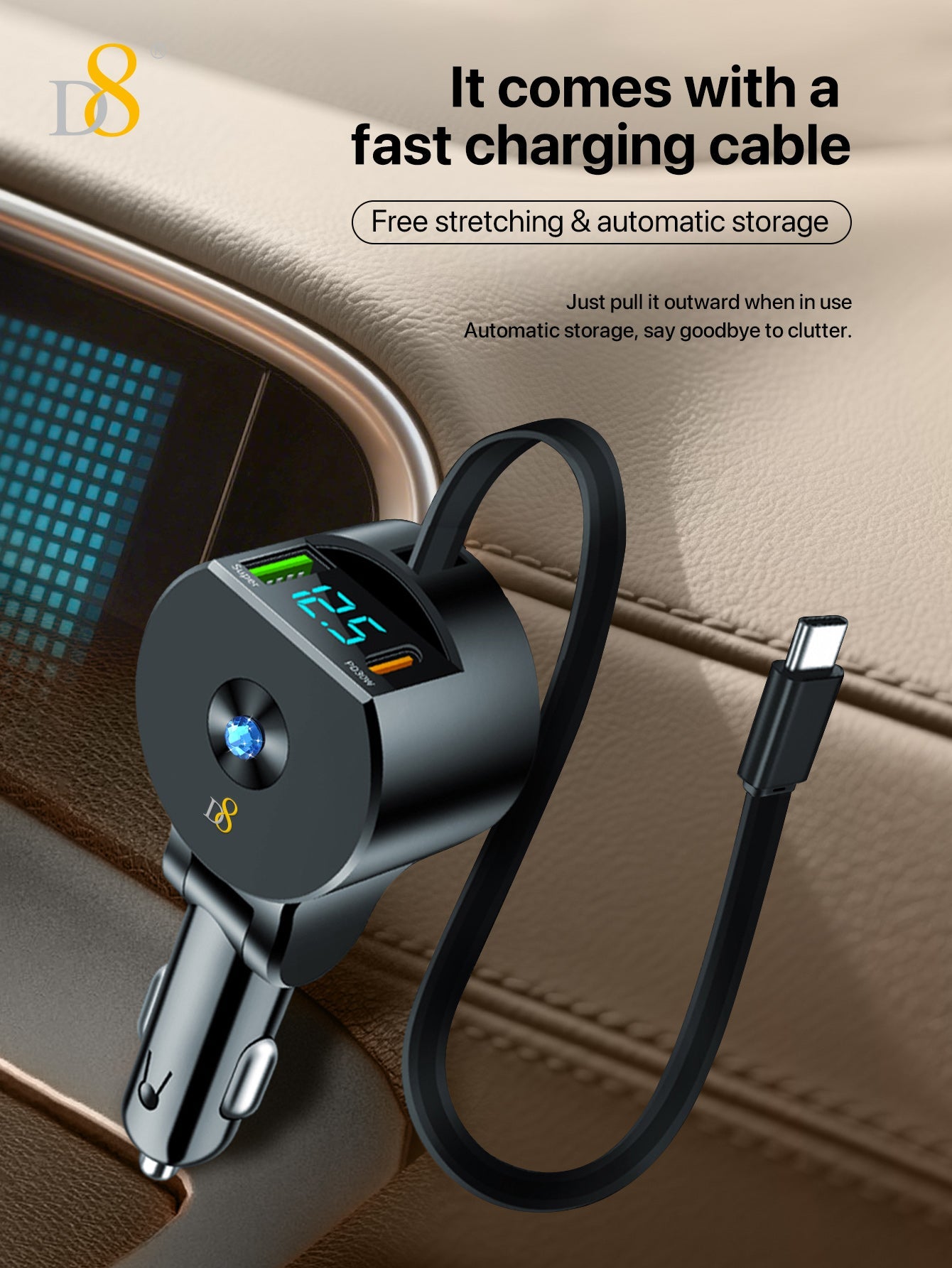 D8 접이식 3in1 차량용 고속충전기 30W USB-C PD + 18W QC3.0 | 3-in-1 케이블 | 접이식 + 리트랙터블 디자인
