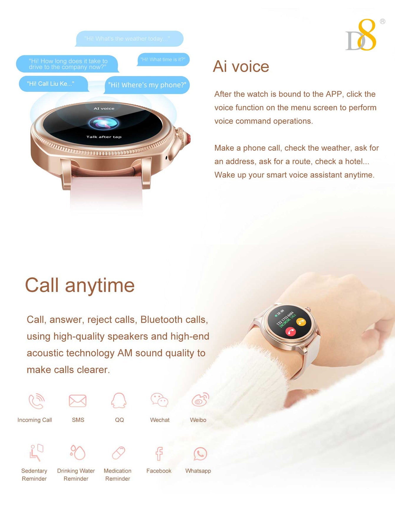 D8 여성용 스마트워치 – IP68 방수 피트니스 트래커 운동도 스타일도 완벽하게! Dynamic8의 스마트 웨어러블 솔루션
