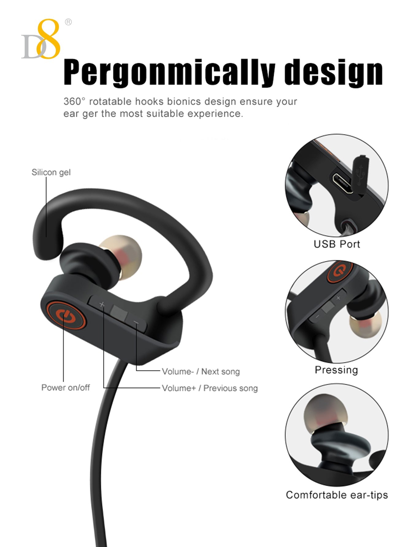 D8 스포츠 무선 이어버드 HD 고음질 사운드 + 10시간 연속 재생 + Bluetooth 5.3