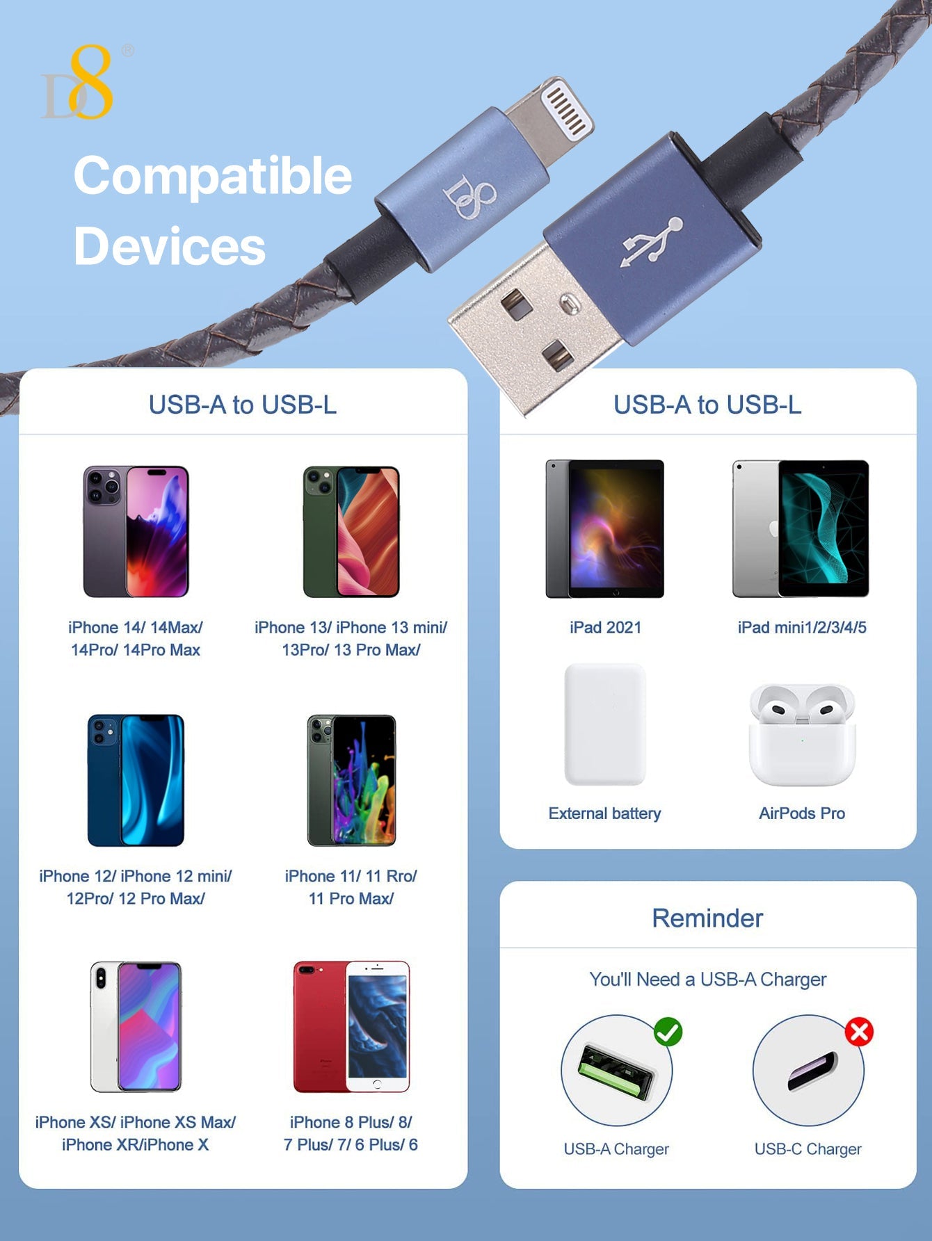 D8 MFi 인증 천연 가죽 Lightning to USB 충전 케이블 Apple 공식 인증 · 프리미엄 가죽 마감 · 빠른 충전 & 데이터 전송