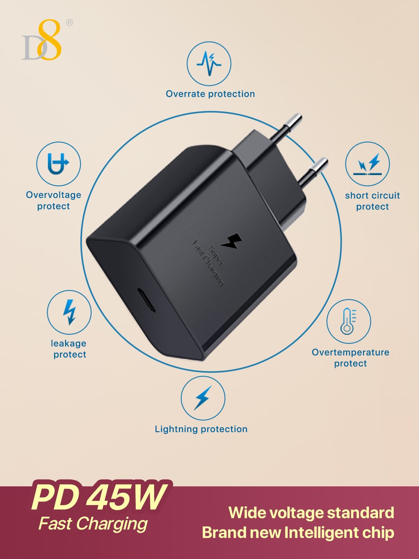 D8 45W USB-C 초고속 충전기 iPhone 15 / MacBook / iPad / Galaxy 전용 고속충전 솔루션 Type-C PD 지원 | 초소형 디자인 | 45W 출력 | 과충전 보호
