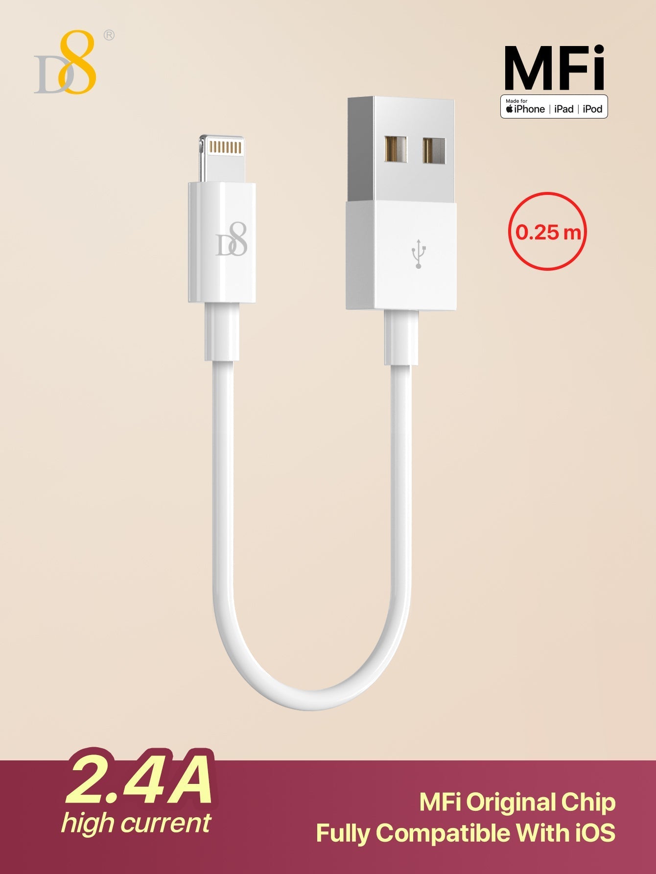 D8 아이폰 충전 케이블 (0.25M) MFi 공식 인증 / USB-A to 라이트닝 / 2.4A 고속충전 / 짧고 간편한 휴대용 케이블