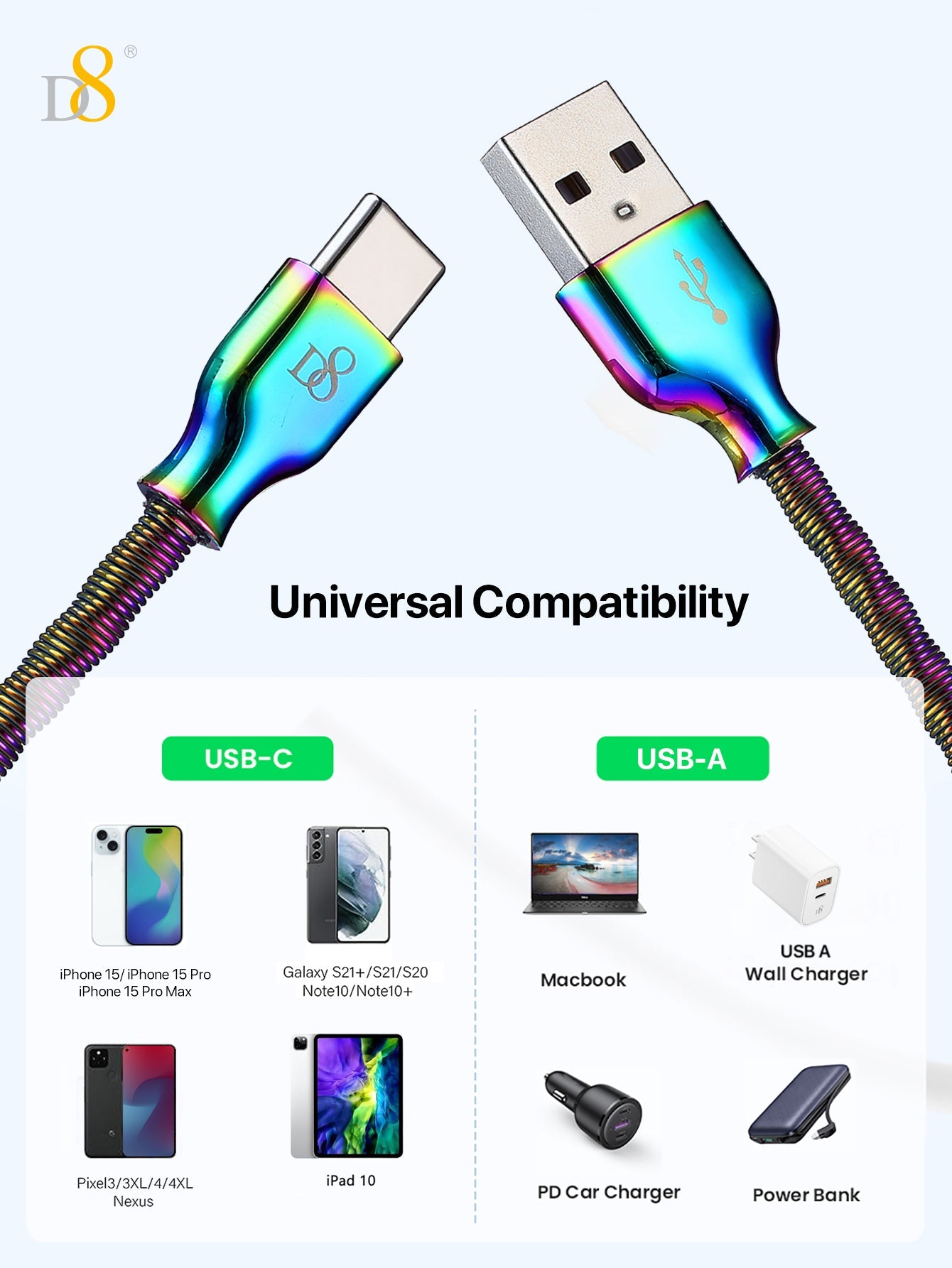 D8 Dazzled Metal Type-C 고속 충전 케이블 – 감각적인 컬러와 고속 충전의 만남