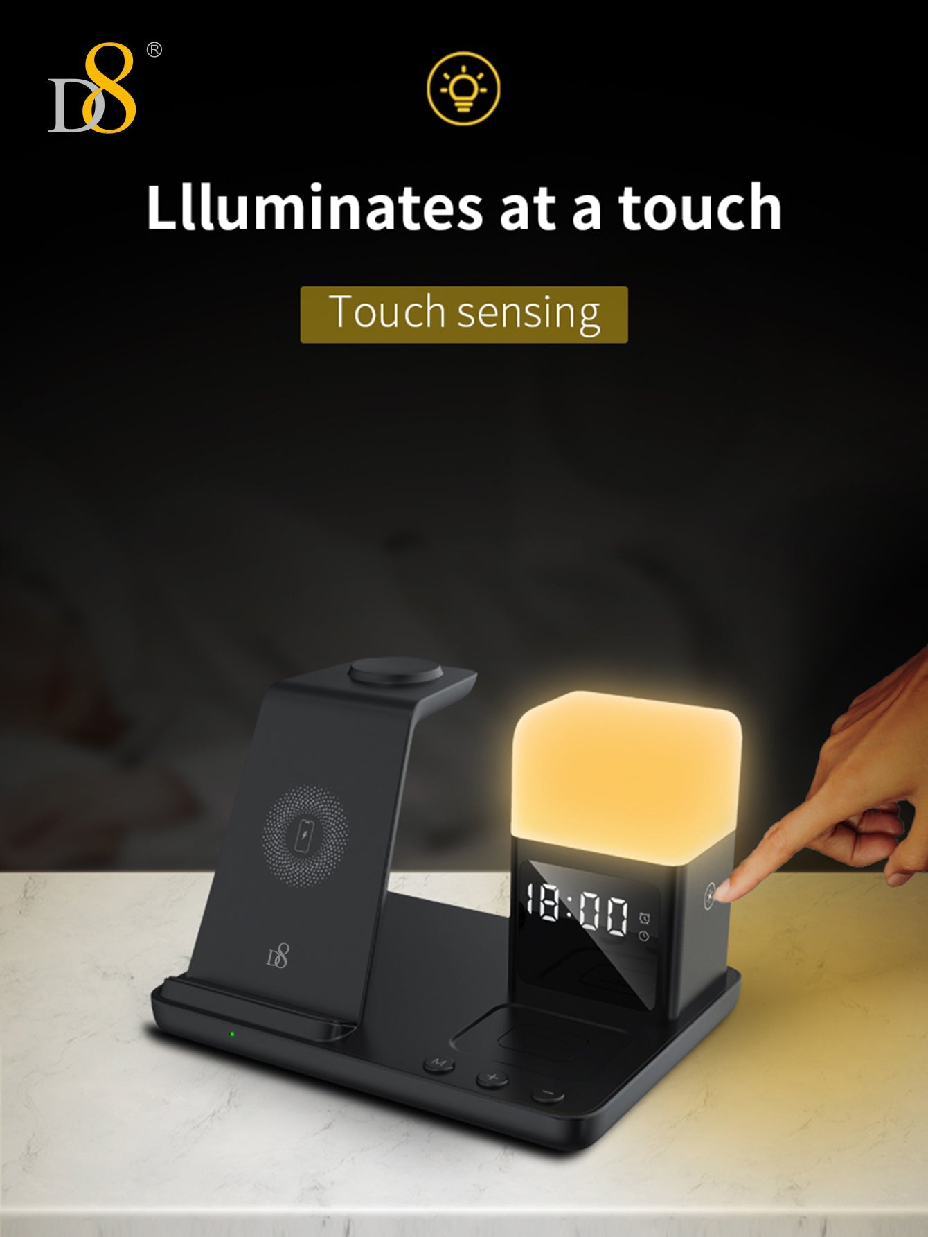 D8 3-in-1 무선 충전 스테이션 iPhone · Apple Watch · AirPods 동시 고속 충전 + LED 무드등