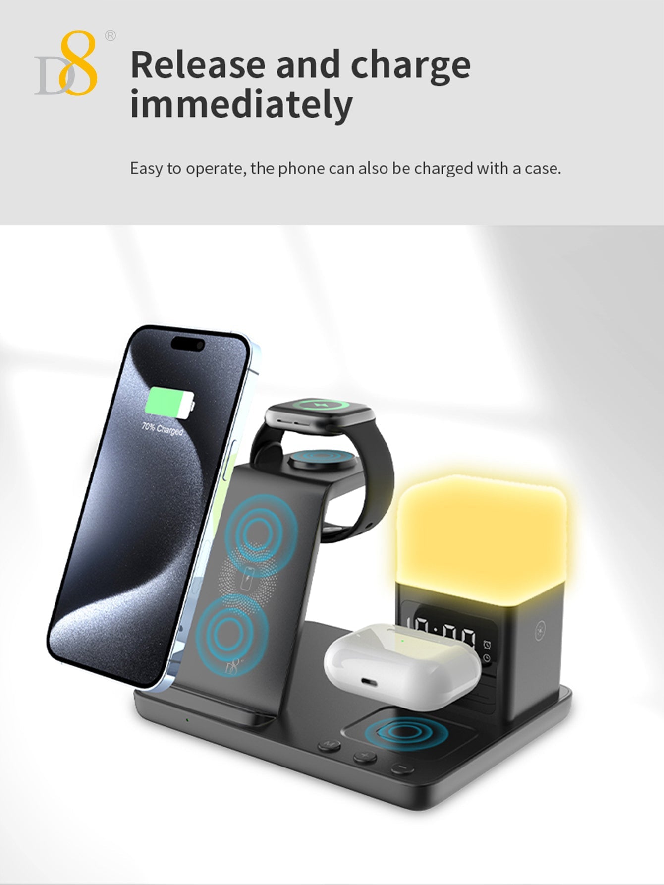 D8 3-in-1 무선 충전 스테이션 iPhone · Apple Watch · AirPods 동시 고속 충전 + LED 무드등