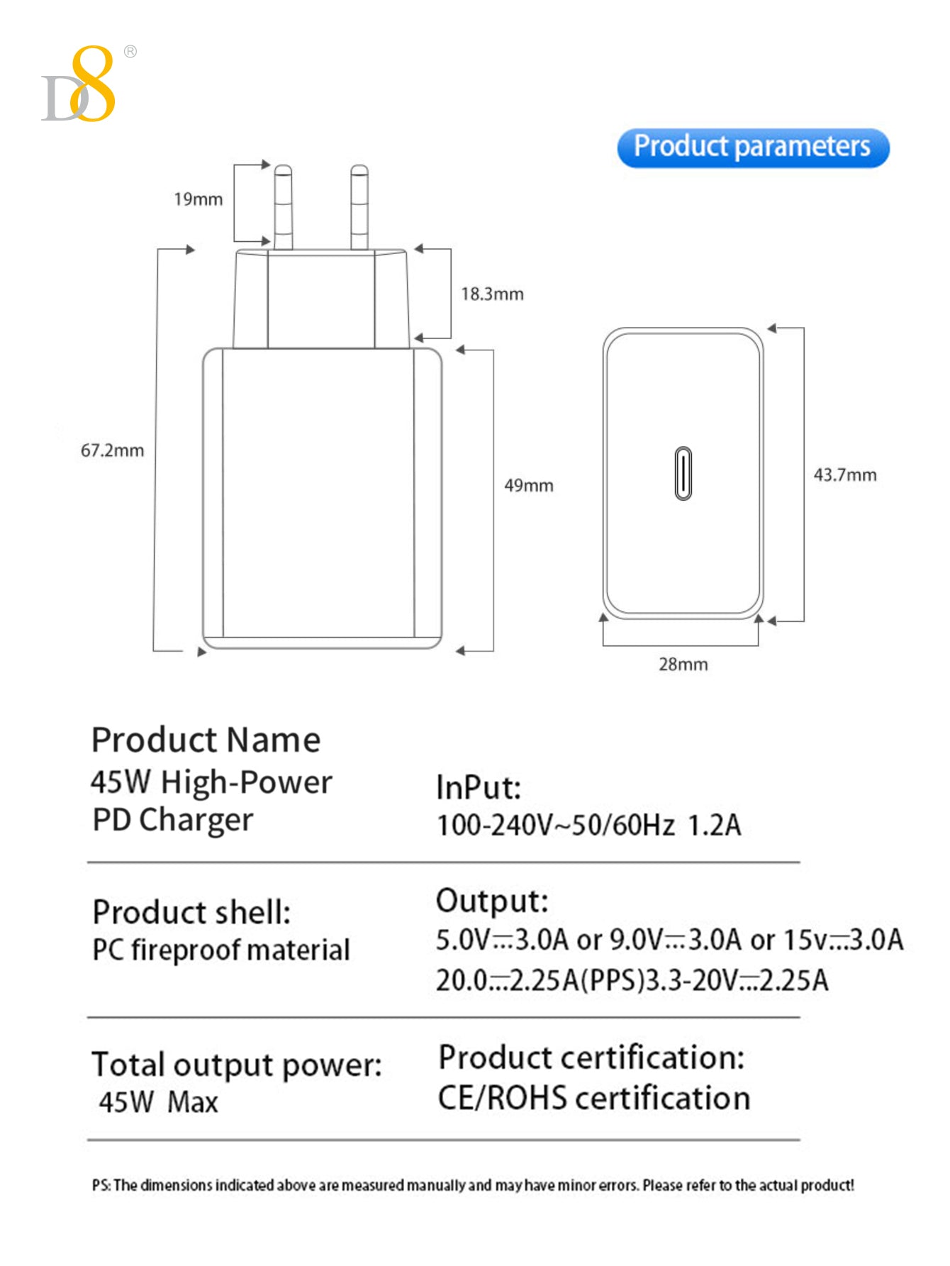 D8 45W USB-C 초고속 충전기 iPhone 15 / MacBook / iPad / Galaxy 전용 고속충전 솔루션 Type-C PD 지원 | 초소형 디자인 | 45W 출력 | 과충전 보호