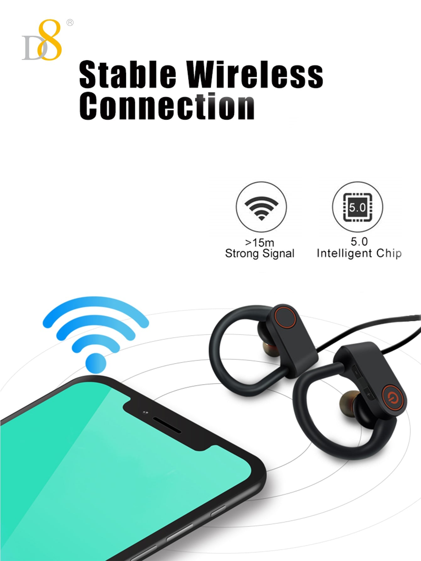 D8 스포츠 무선 이어버드 HD 고음질 사운드 + 10시간 연속 재생 + Bluetooth 5.3
