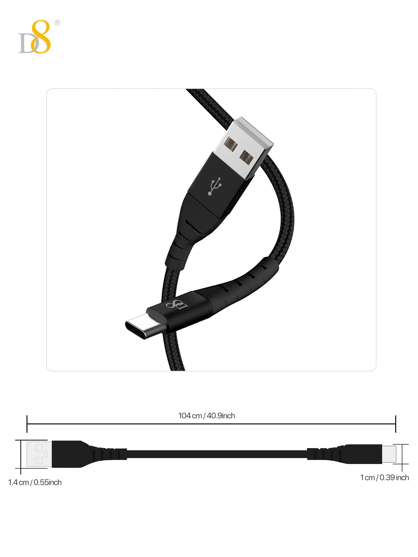 Dynamic8 나일론 브레이디드 USB-C to USB 케이블 고속 충전 | 데이터 동기화 | 내구성 강화 디자인