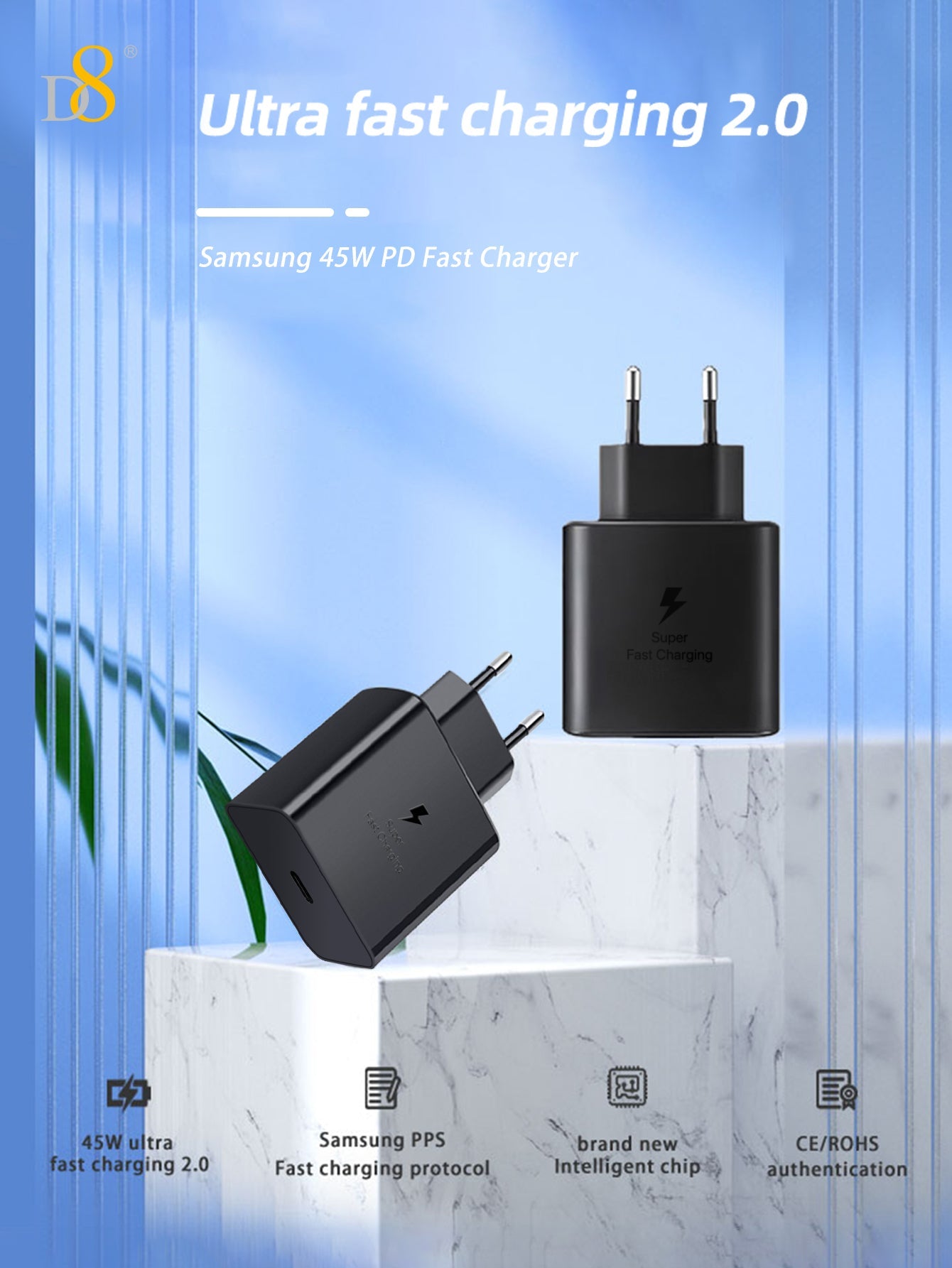 D8 45W USB-C 초고속 충전기 iPhone 15 / MacBook / iPad / Galaxy 전용 고속충전 솔루션 Type-C PD 지원 | 초소형 디자인 | 45W 출력 | 과충전 보호