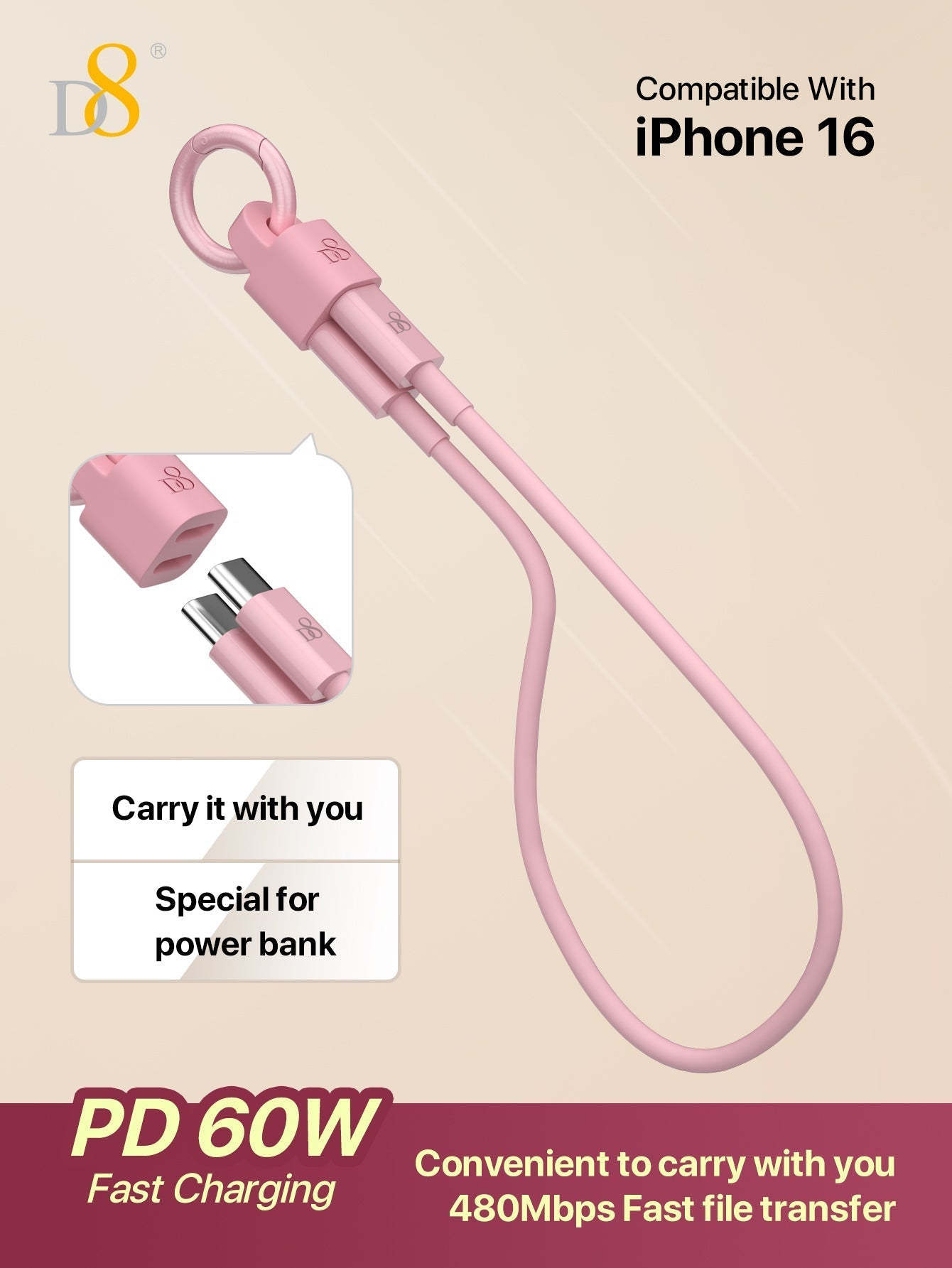 D8 USB-C 키체인 케이블 (0.83FT / 25cm) 초소형 60W 고속 충전 & 데이터 전송 케이블 아이폰 16 / 갤럭시 S23 등 USB-C 전기기기 완벽 호환