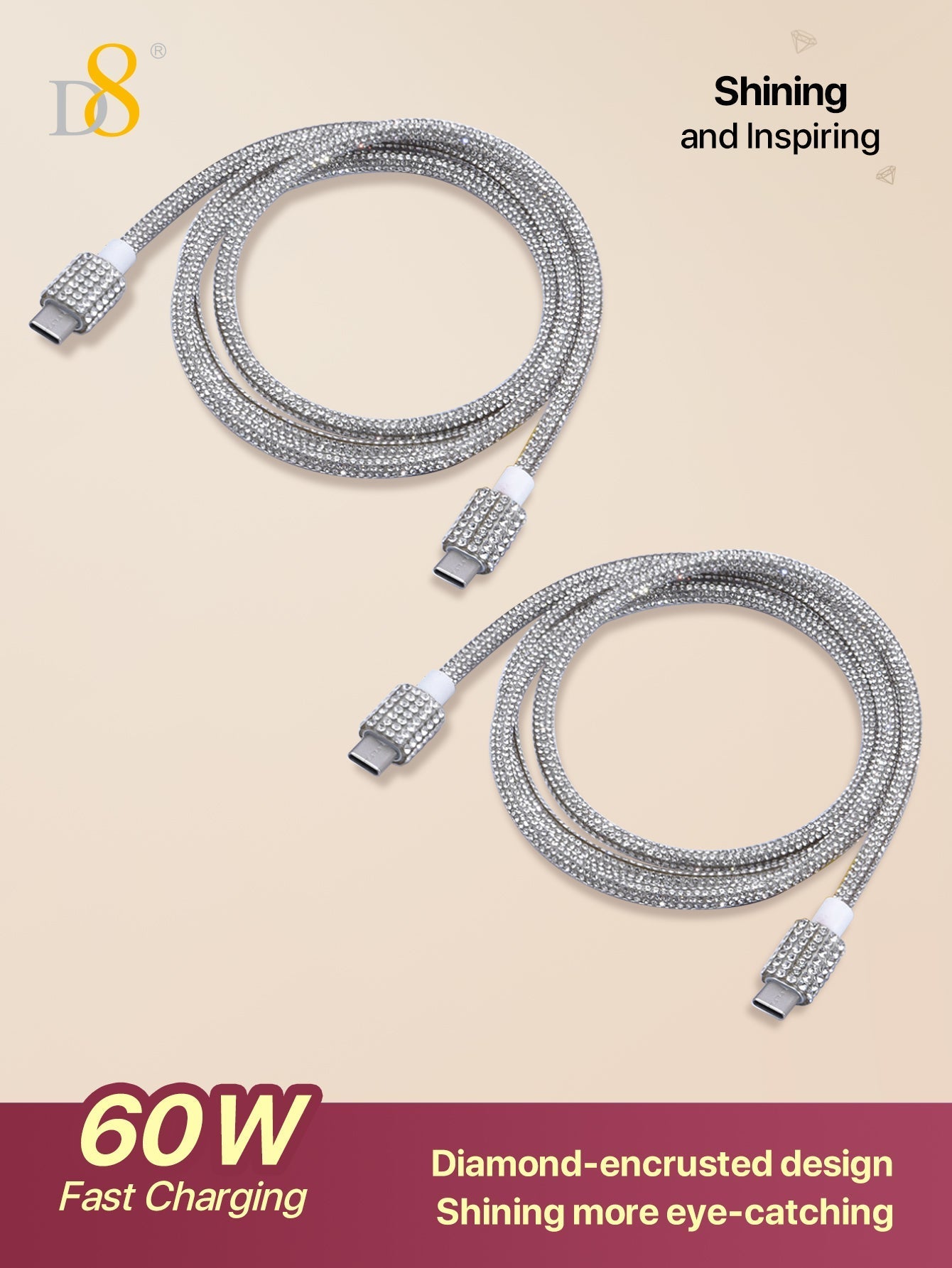 D8 USB-C 고속 충전 케이블 2개입 (3.3FT / 60W) iPhone 16 Pro / iPad / Galaxy S23+ 완벽 호환 | 크리스탈 장식 디자인 | 고속 데이터 전송 지원