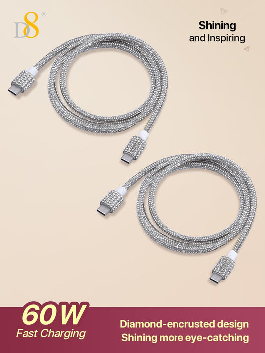 D8 USB-C 고속 충전 케이블 2개입 (3.3FT / 60W) iPhone 16 Pro / iPad / Galaxy S23+ 완벽 호환 | 크리스탈 장식 디자인 | 고속 데이터 전송 지원