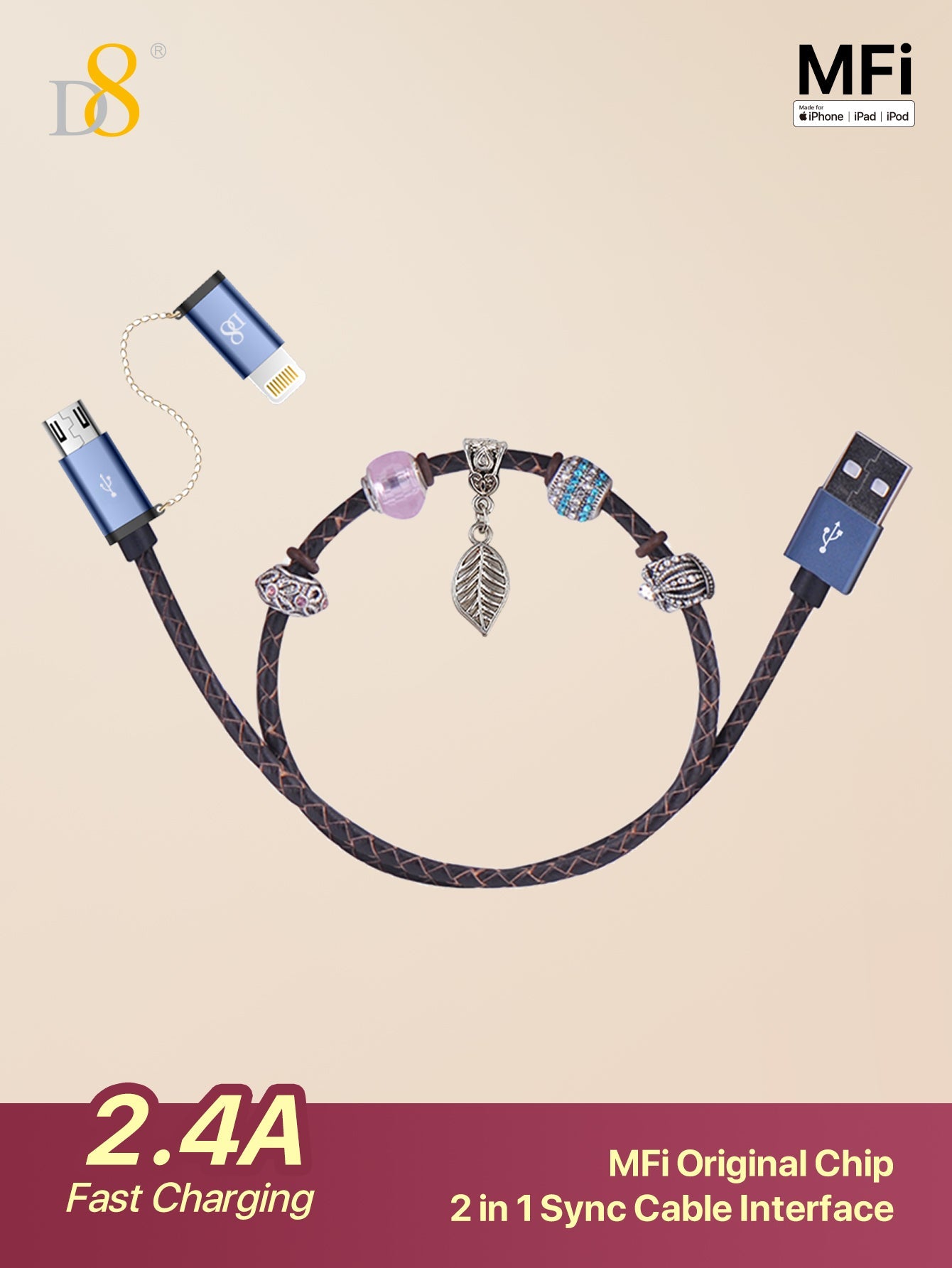 D8 핸드메이드 비즈 충전 케이블 MFi 인증 | 2-in-1 라이트닝 & 마이크로 USB | 수공예 감성 디자인