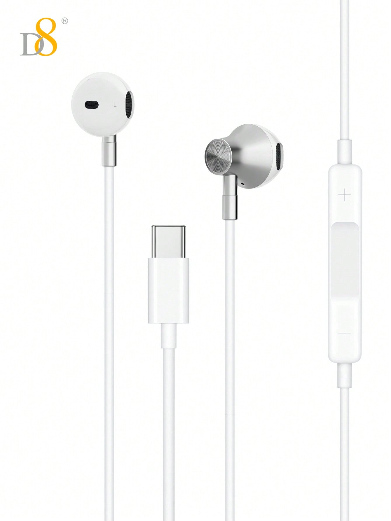 D8 USB Type-C 유선 이어폰 (마이크 & 볼륨 조절 탑재) iPhone 16 / iPad Pro / Galaxy S23 등 최신 USB-C 기기 완벽 호환