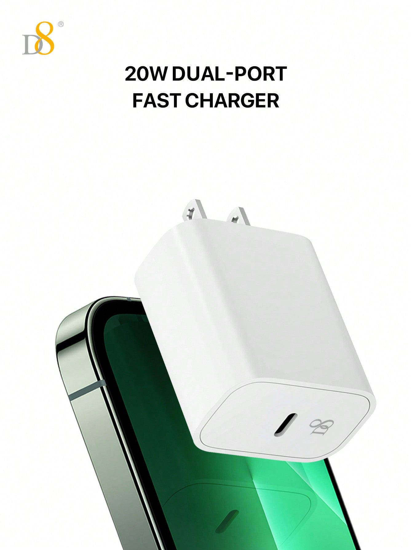 D8 20W PD USB-C 충전기 2팩 + 3.3FT 고속 충전 케이블 세트 MFi 인증 | iPhone & iPad 고속 충전 | 2배의 편리함