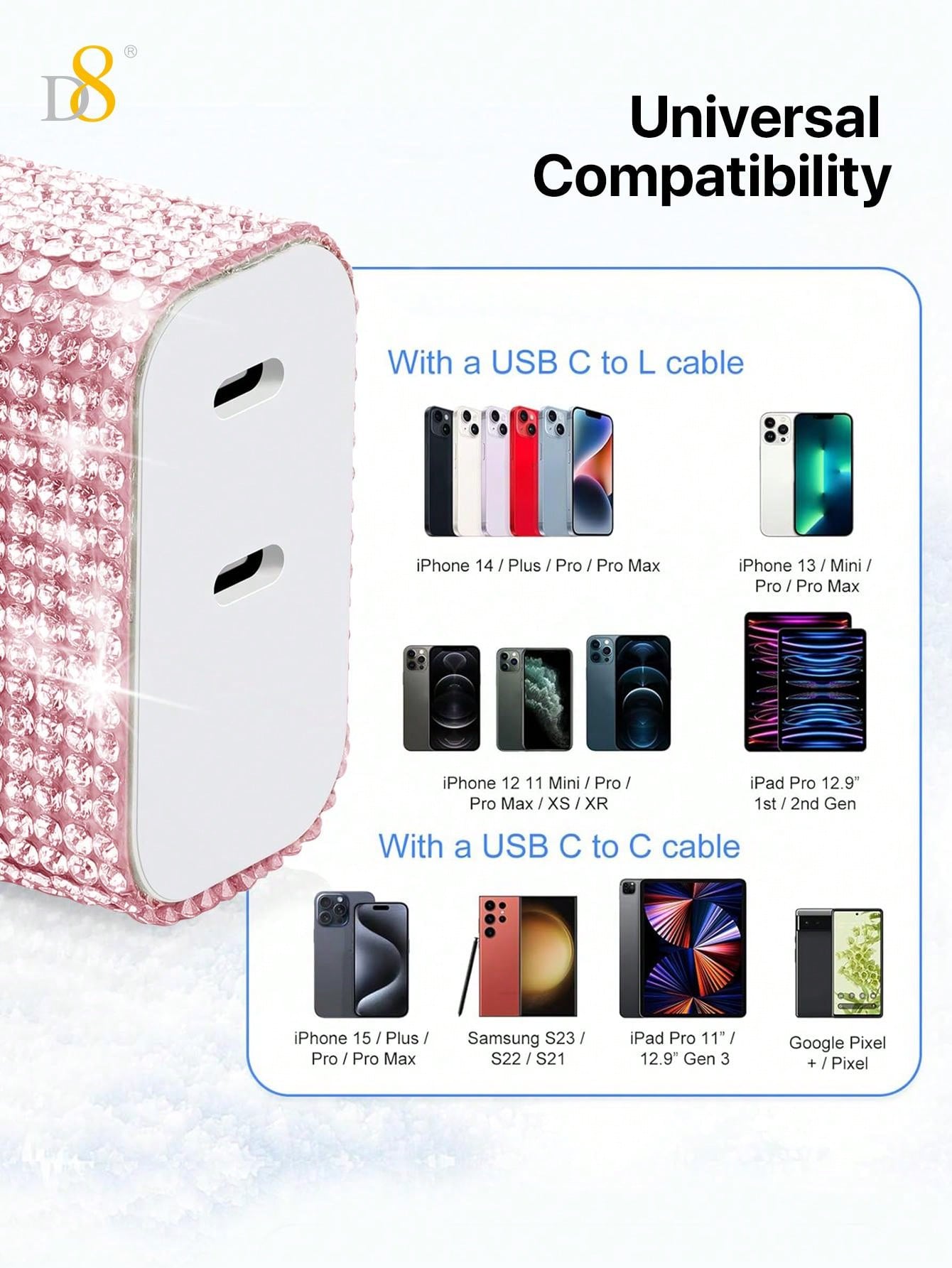D8 듀얼 USB-C 고속 충전기 (20W PD) 크리스탈 장식 디자인 | 아이폰 & 갤럭시 고속 충전 | 2대 동시 충전 지원