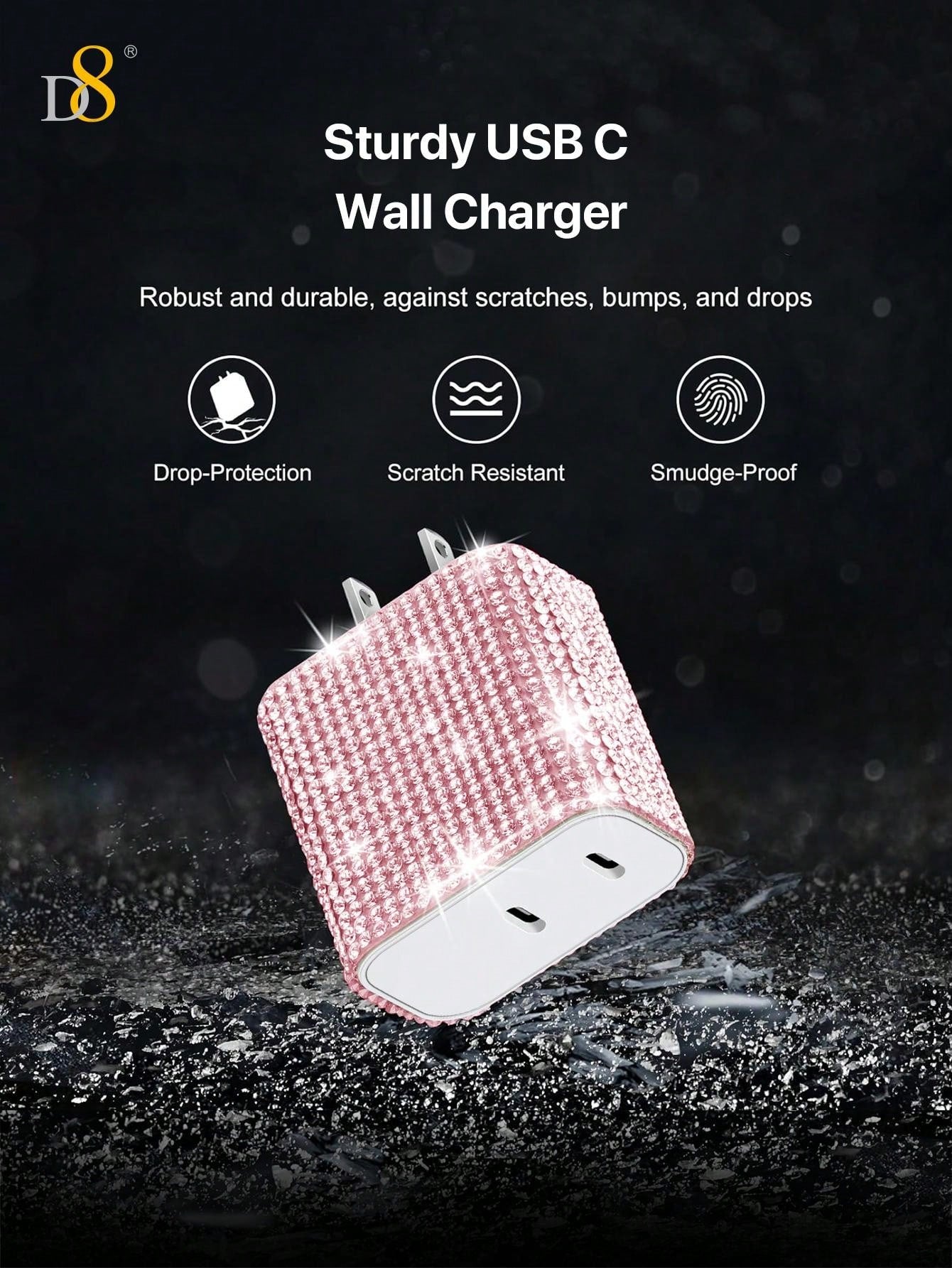 D8 듀얼 USB-C 고속 충전기 (20W PD) 크리스탈 장식 디자인 | 아이폰 & 갤럭시 고속 충전 | 2대 동시 충전 지원