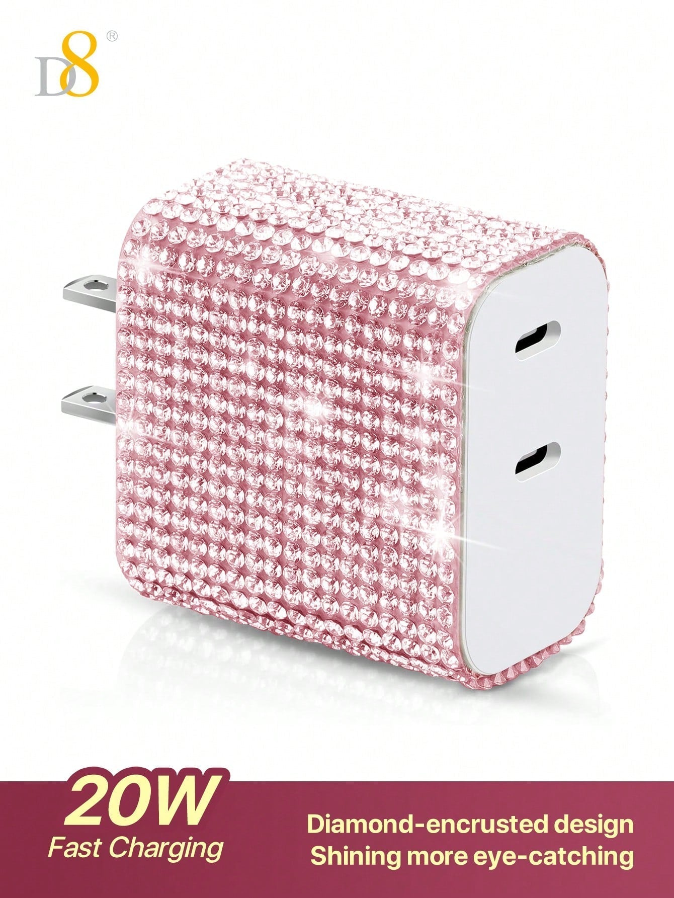 D8 듀얼 USB-C 고속 충전기 (20W PD) 크리스탈 장식 디자인 | 아이폰 & 갤럭시 고속 충전 | 2대 동시 충전 지원