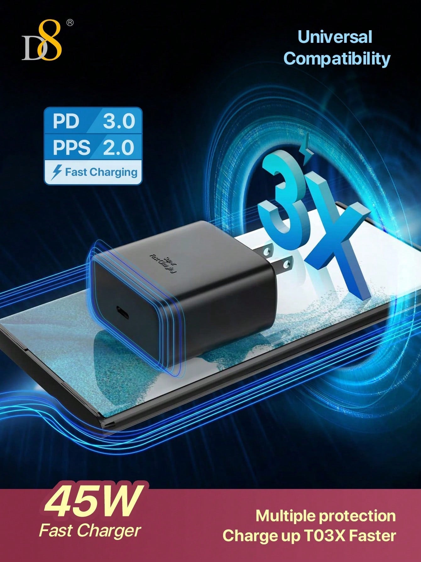 D8 45W USB-C 초고속 충전기 iPhone 16 Pro Max / Galaxy S24 Ultra / Pixel / 태블릿까지 고속 지원!