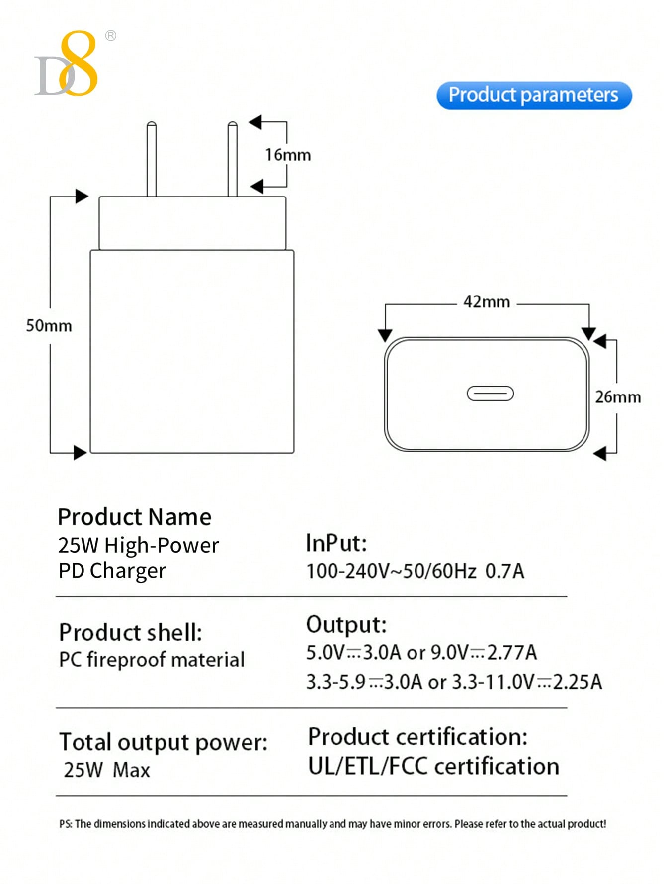 D8 아이폰 15 고속 충전기 1팩 25W USB-C 충전기 + 3.3FT(1m) 케이블 세트 아이폰 16/15, 아이패드, 갤럭시 완벽 호환