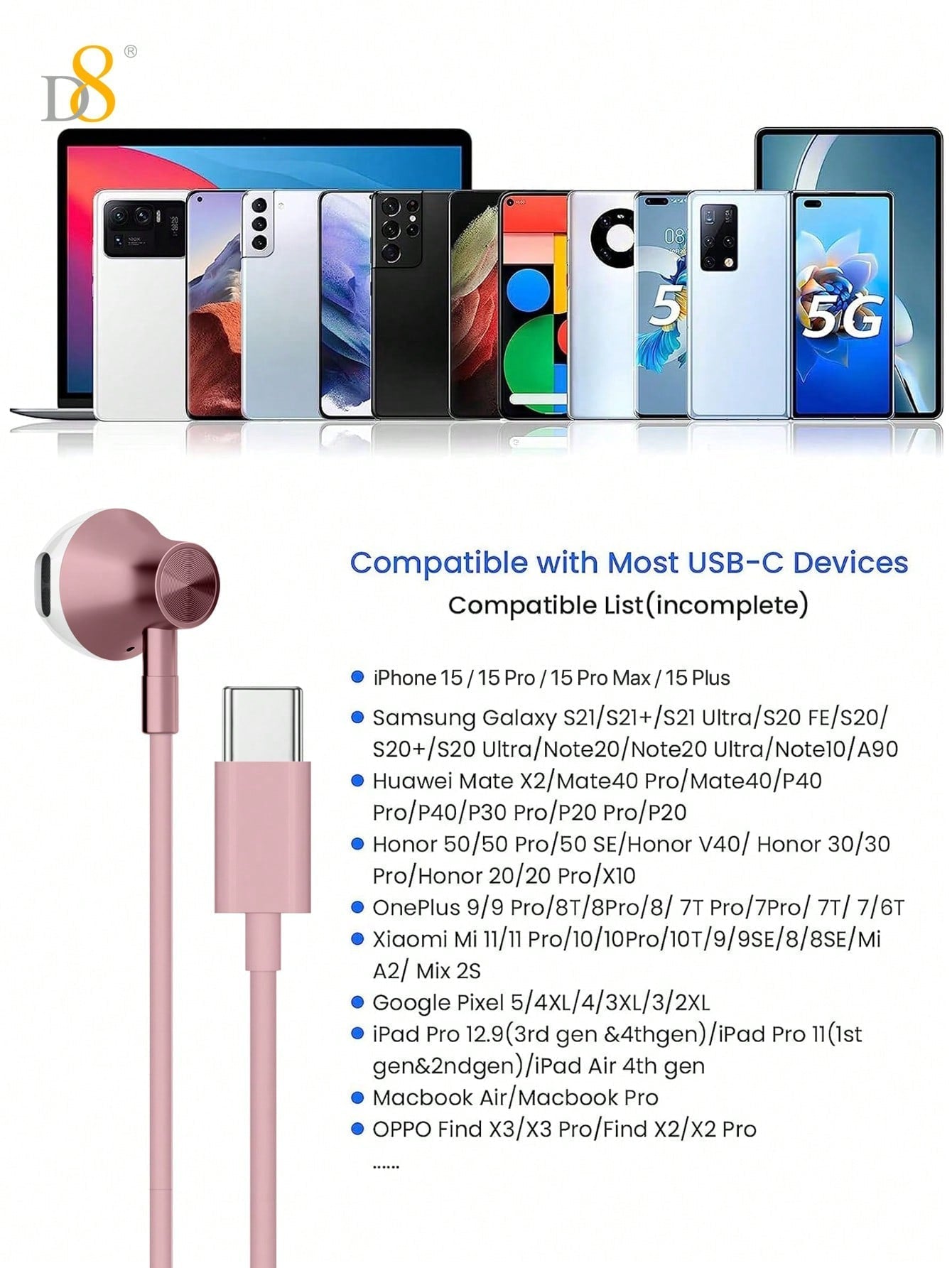 D8 Type-C 인이어 이어폰 하이파이 음질 | 마이크 & 볼륨 조절 | iPhone 16 / Galaxy S23 호환 USB-C 단자 전용 고음질 이어폰 – 통화부터 음악까지 완벽하게!