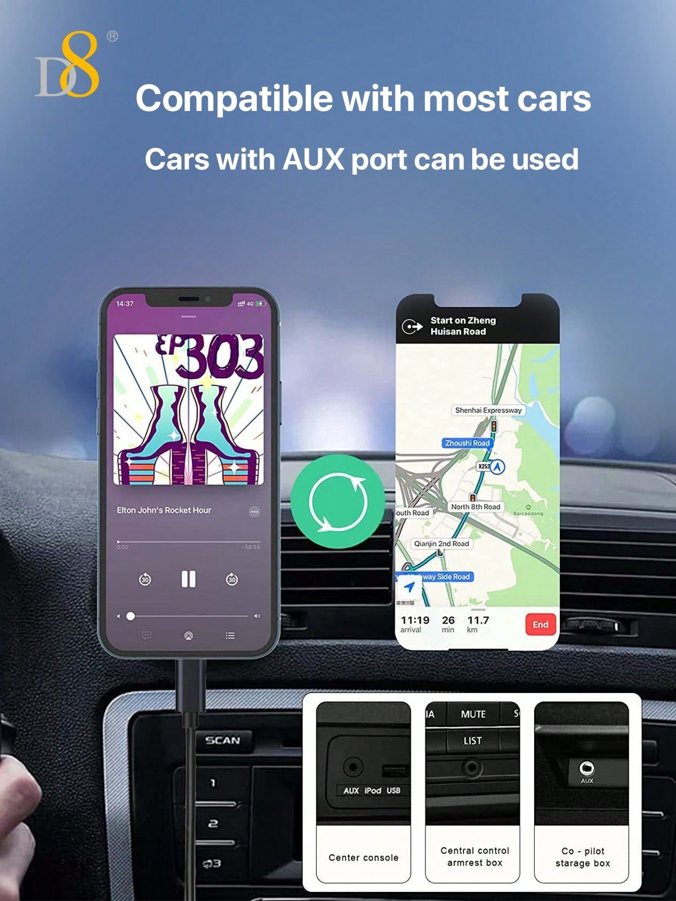 D8 아이폰 AUX 오디오 케이블 iPhone 전용 라이트닝 to 3.5mm 오디오 케이블 | 고음질 사운드, 차량/스피커/헤드폰 호환