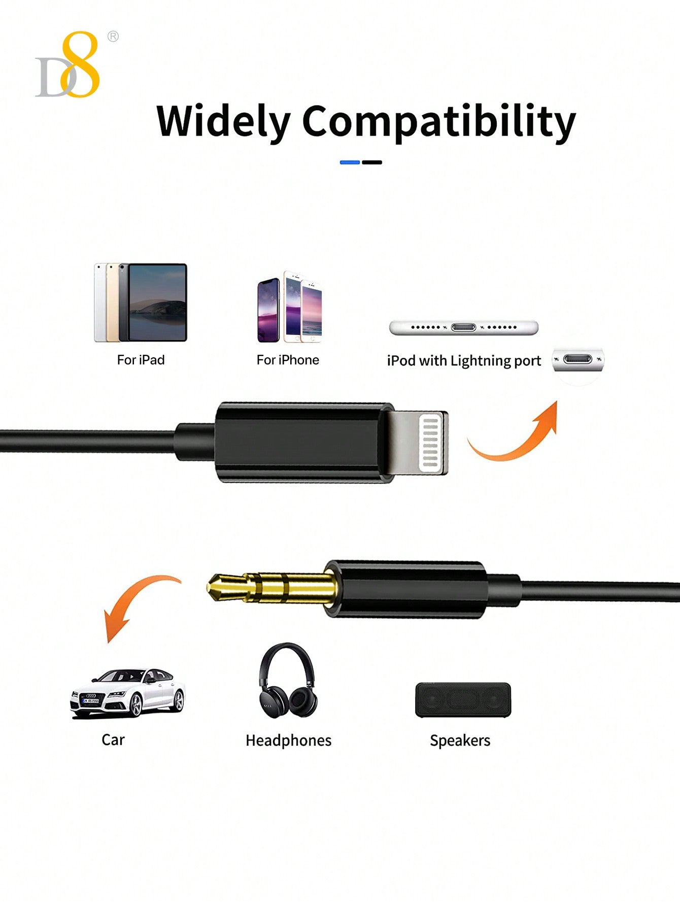D8 아이폰 AUX 오디오 케이블 iPhone 전용 라이트닝 to 3.5mm 오디오 케이블 | 고음질 사운드, 차량/스피커/헤드폰 호환