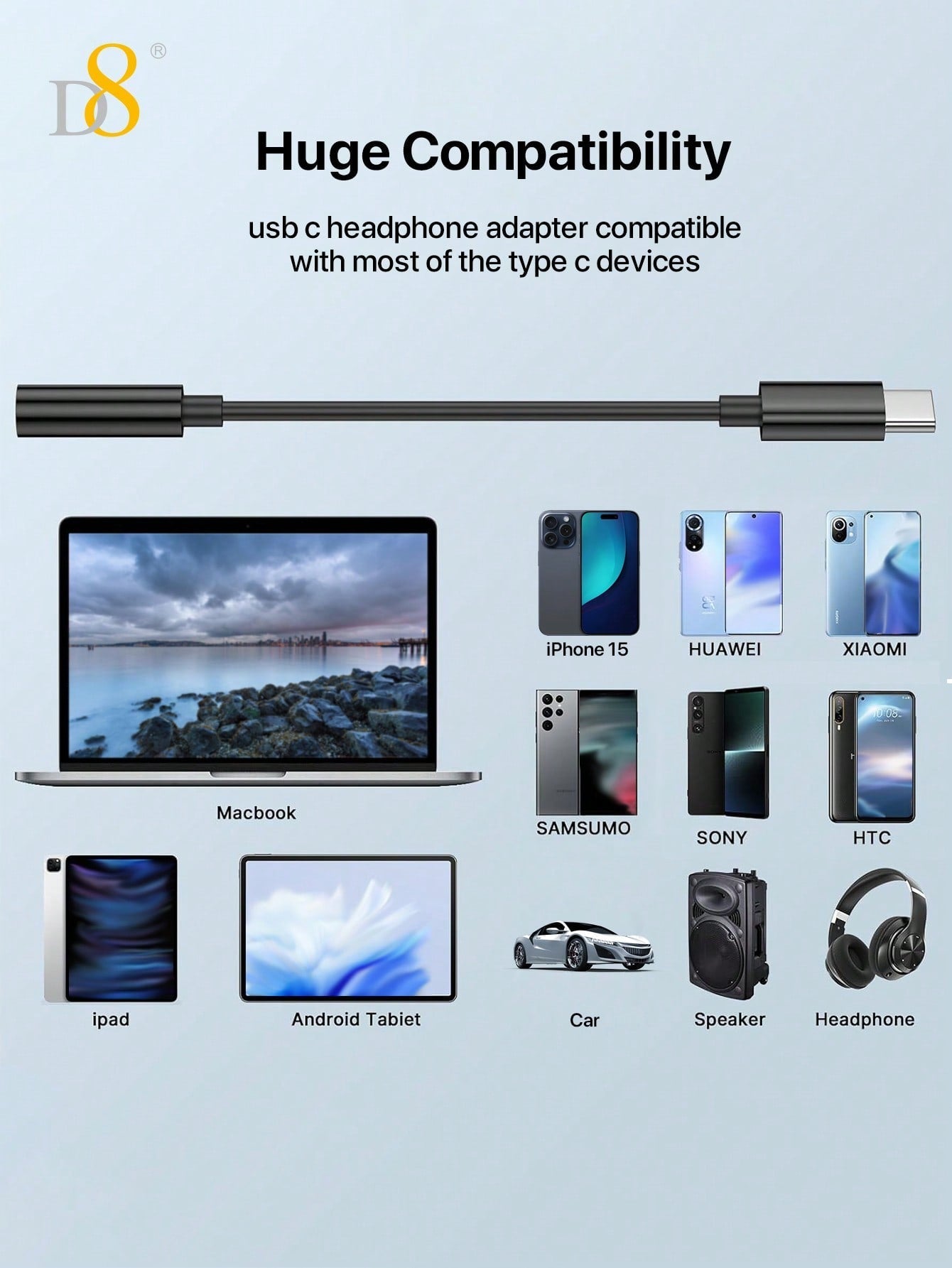 D8 USB-C to 3.5mm 오디오 어댑터 아이폰 16 / 갤럭시 S24 / 픽셀 8 / 아이패드 등 USB-C 기기 호환 | 고음질 스테레오 사운드 | 플러그 앤 플레이