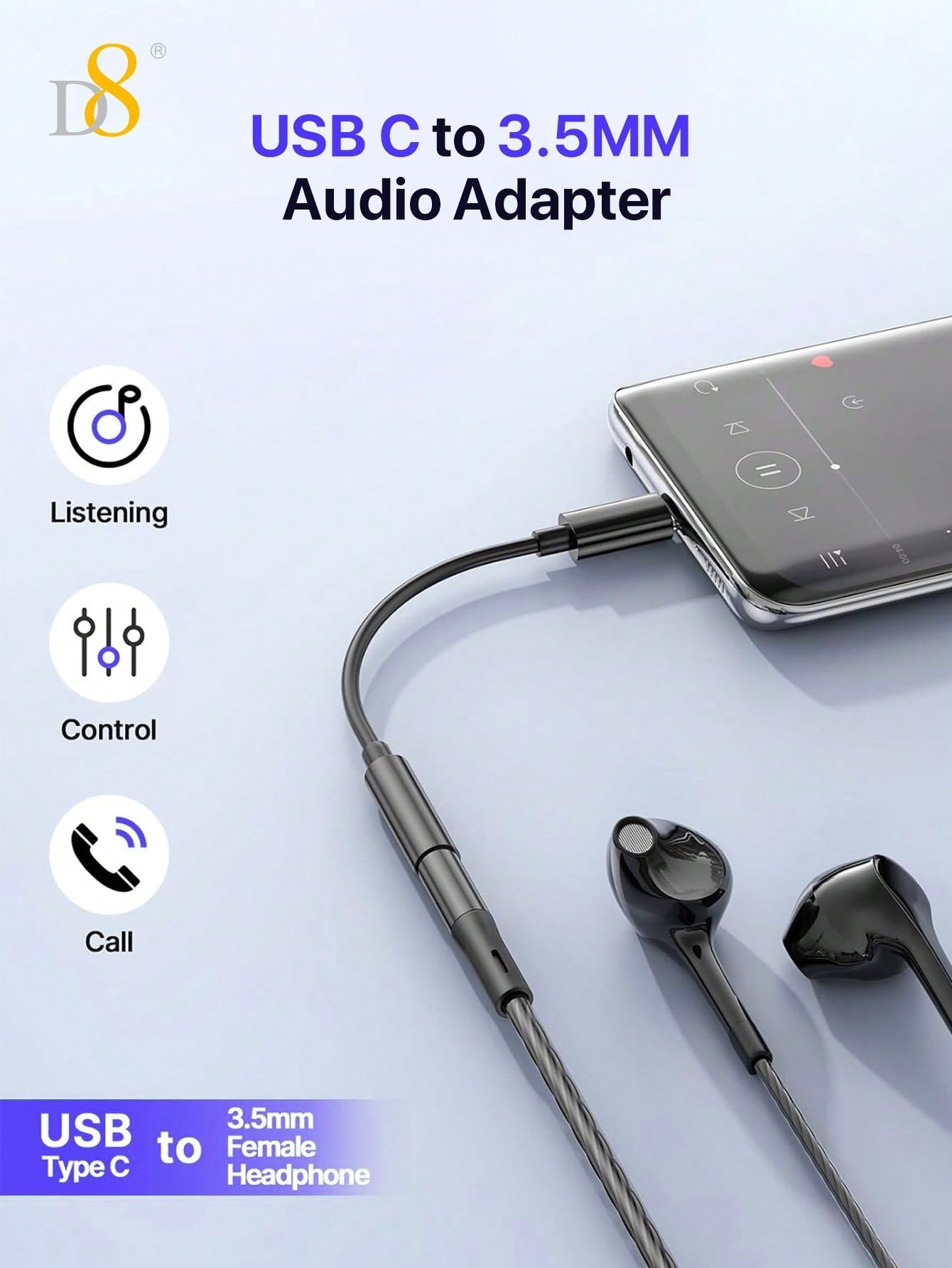 D8 USB-C to 3.5mm 오디오 어댑터 아이폰 16 / 갤럭시 S24 / 픽셀 8 / 아이패드 등 USB-C 기기 호환 | 고음질 스테레오 사운드 | 플러그 앤 플레이