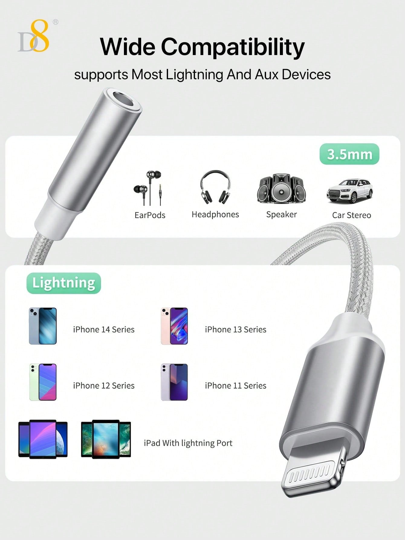 D8 라이트닝 to 3.5mm 헤드폰 어댑터 Apple MFi 인증 | 고음질 무손실 오디오 | 초경량 휴대용 | 아이폰 전 기종 호환