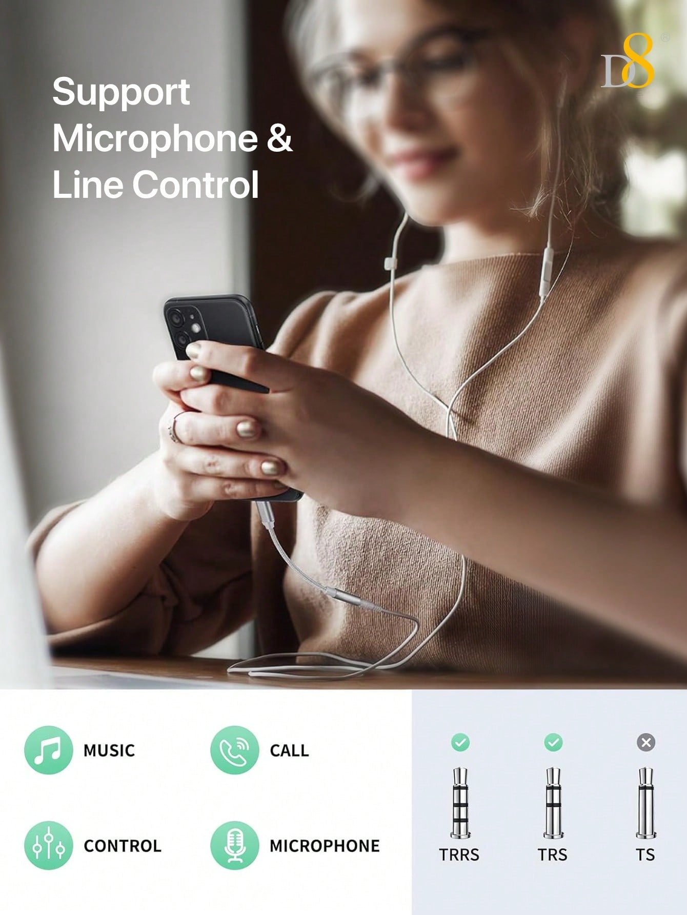 D8 라이트닝 to 3.5mm 헤드폰 어댑터 Apple MFi 인증 | 고음질 무손실 오디오 | 초경량 휴대용 | 아이폰 전 기종 호환