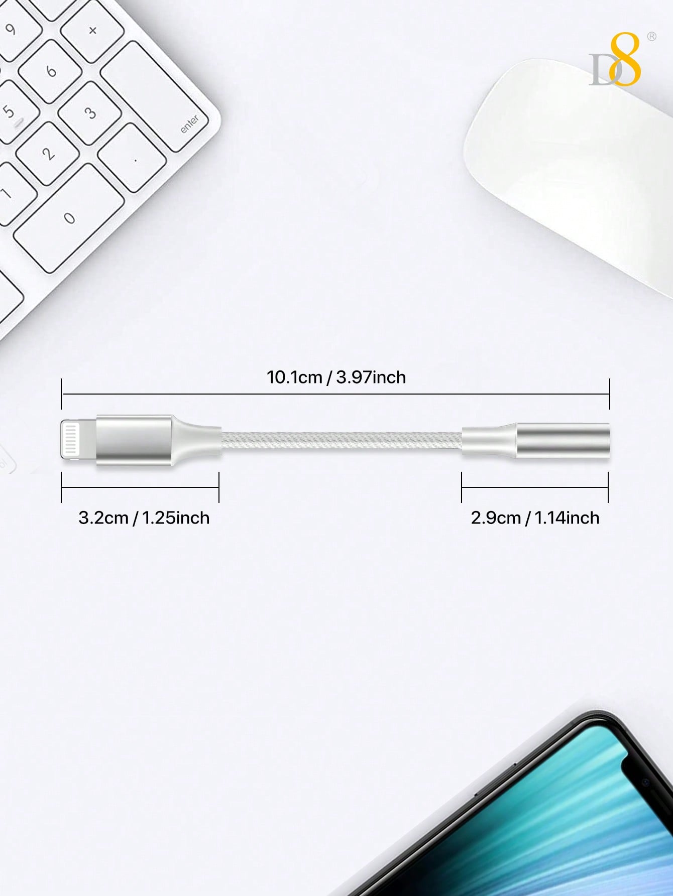 D8 라이트닝 to 3.5mm 헤드폰 어댑터 Apple MFi 인증 | 고음질 무손실 오디오 | 초경량 휴대용 | 아이폰 전 기종 호환