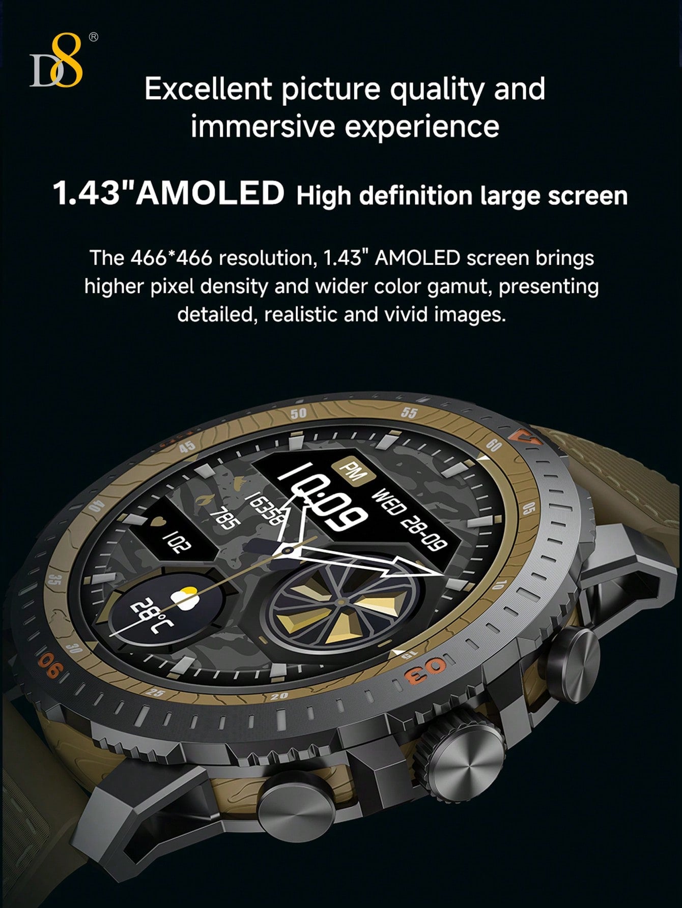 D8 러기드 스마트워치 25일 초장수 배터리 | 1.43″ AMOLED HD | IP67 방수 | 100+ 스포츠 모드