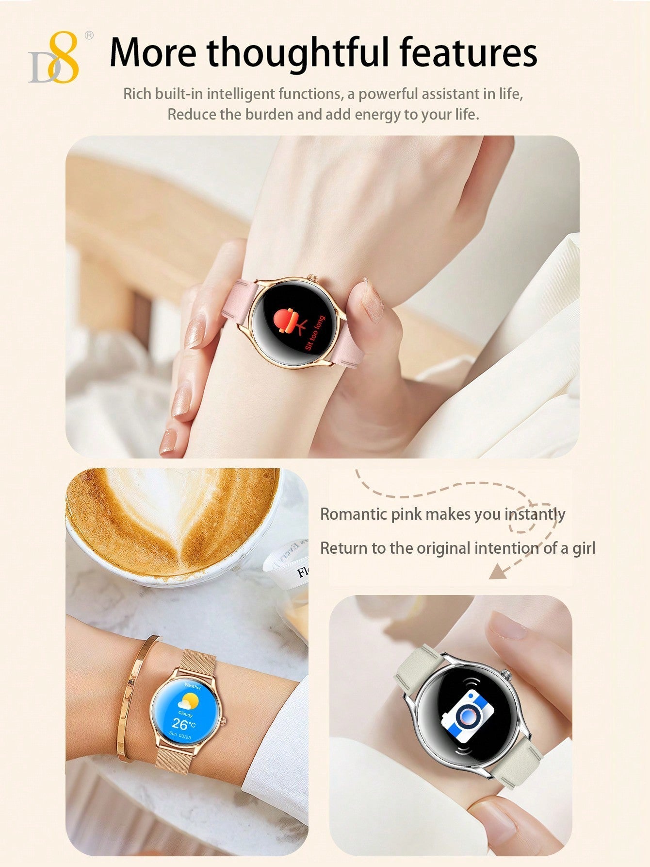D8 여성 스마트워치 – 1.43” AMOLED 고화질 화면 / 통화 기능 / 100+ 스포츠 모드 / iOS & Android 호환